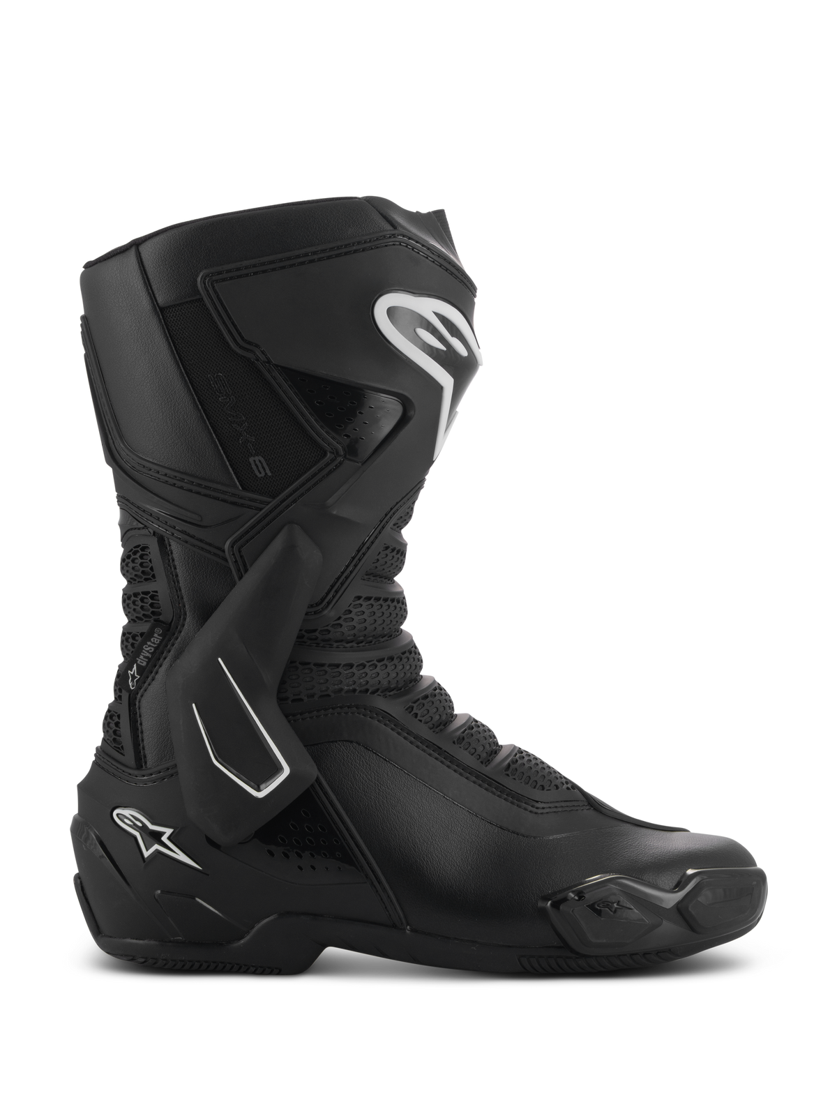Alpinestars SMX-6 V3 Drystar Boots, Black performance motorcycle riding boots shown from a side profile, featuring white logo accents, TPU lateral ankle brace, reinforced shin plate, and flexible mesh panels.