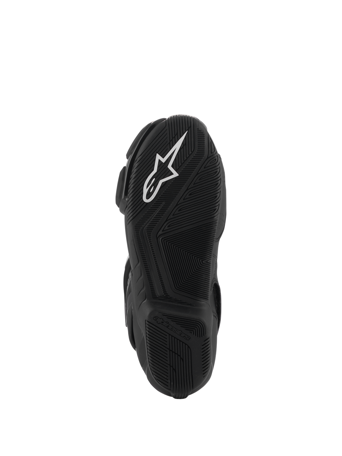 Alpinestars SMX-6 V3 Drystar® Boots, black rubber sole view, featuring a white A-star logo on the front tread and embossed Alpinestars branding on the heel, intricate textured pattern for grip and performance