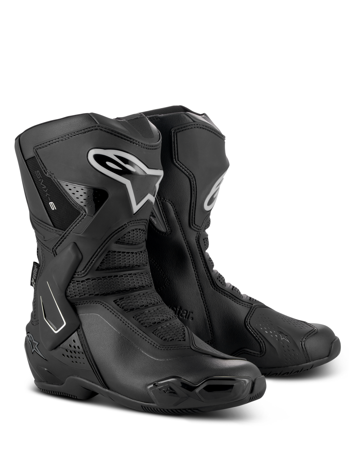 Botas Alpinestars Stella SMX-6 V3 Drystar, botas de alto rendimiento para mujer, color negro y plata, parte superior de microfibra impermeable con protección de TPU, diseño derivado de las carreras para circuito y calle