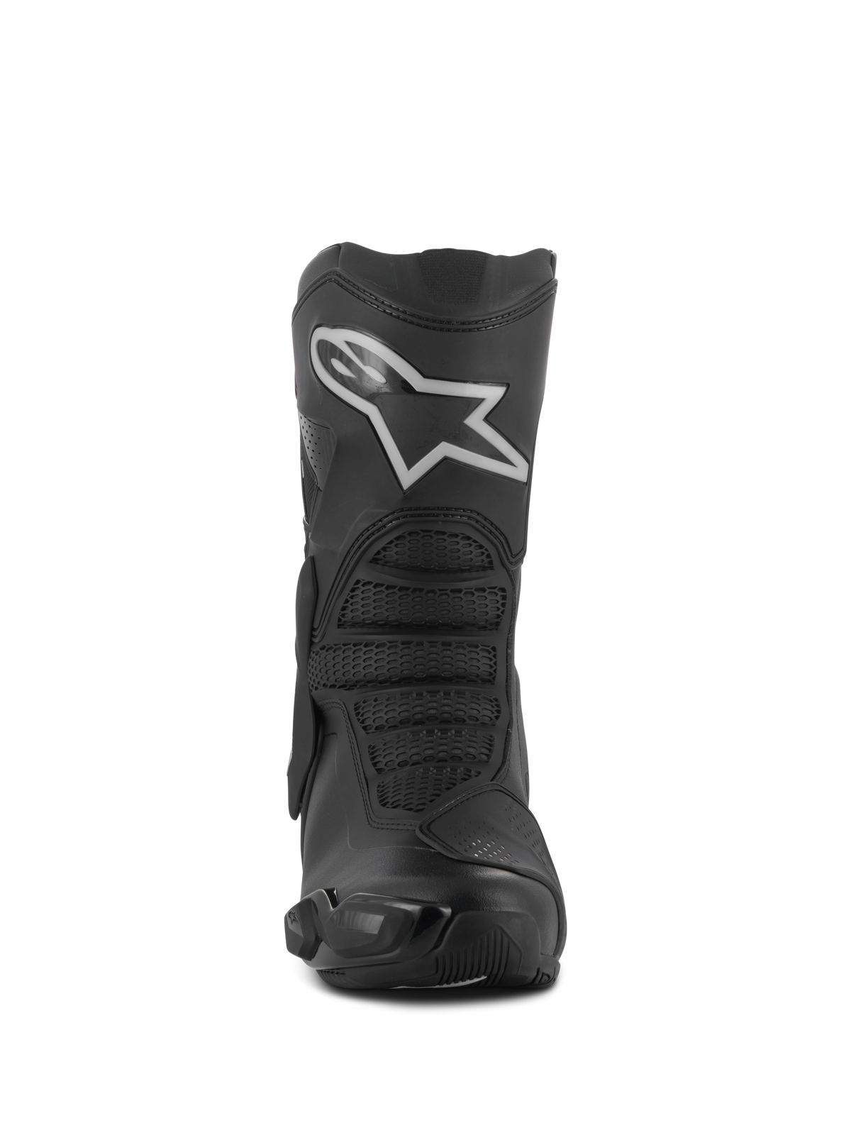 Botas Alpinestars Stella SMX-6 V3 Drystar®, botas de moto para mujer, negro y plateado, vista frontal con un prominente logotipo Astar blanco en la espinillera, construcción de microfibra avanzada con zonas protectoras texturizadas