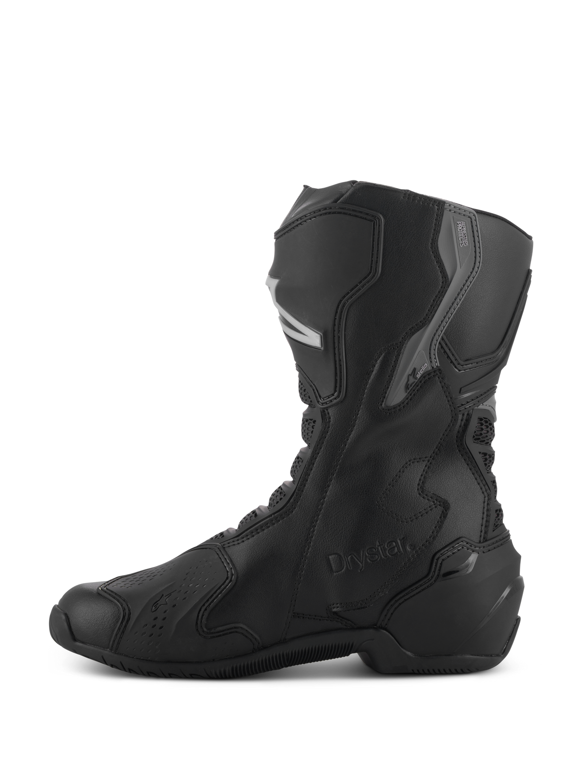 Botas Alpinestars Stella SMX-6 V3 Drystar®, botas de moto impermeables para mujer, negro y plateado, vista de perfil lateral con protección de TPU en espinilla y tobillo, logotipo Drystar en relieve, construcción duradera de microfibra para conducción deportiva y en carretera.
