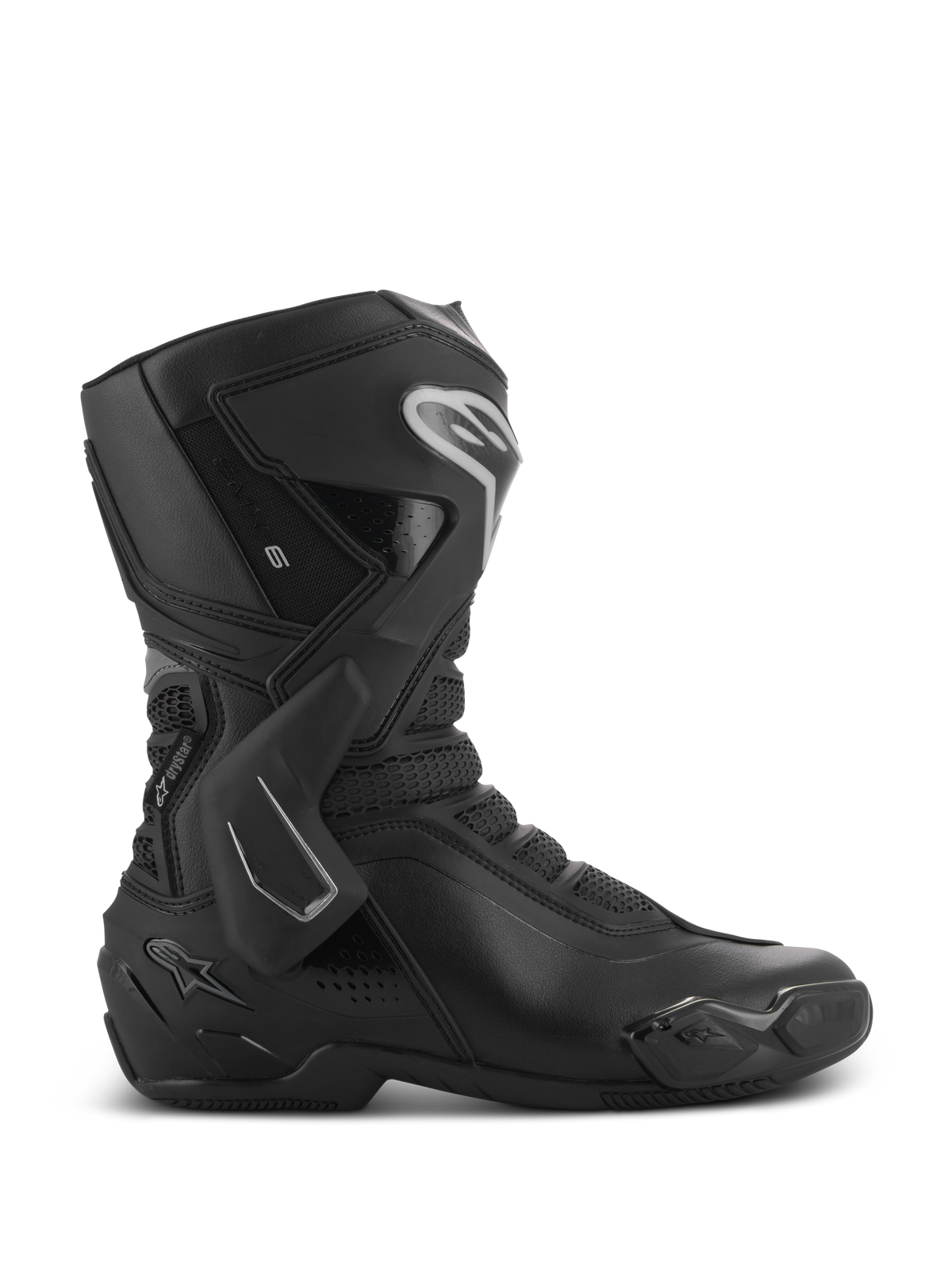Alpinestars Stella SMX-6 V3 Drystar, botas de moto para mujer, negras con detalles plateados, membrana impermeable Drystar, con espinillera de TPU, protección de tobillo y deslizador de puntera, equipamiento de alto rendimiento