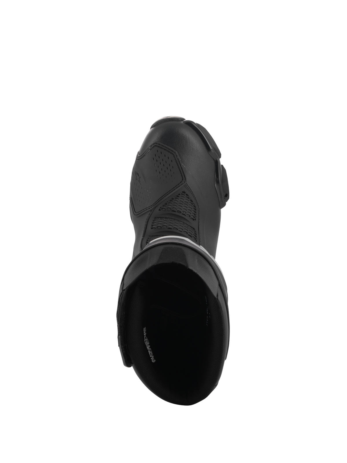 Botas Alpinestars Stella SMX-6 V3 Drystar®, botas de moto de alto rendimiento para mujer, negro, vista superior que muestra la apertura interior acolchada y la parte superior de microfibra texturizada con protector de cambio