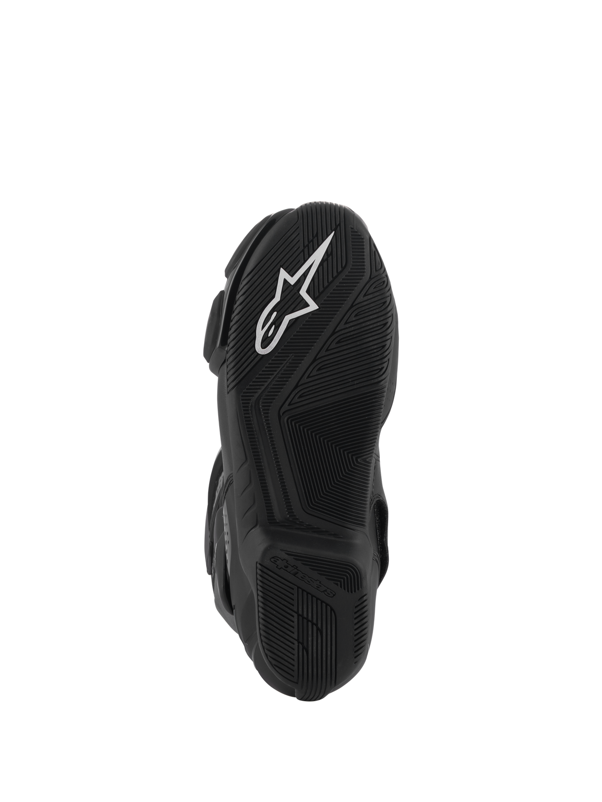 Botas Alpinestars Stella SMX-6 V3 Drystar®, vista inferior de la suela de goma negra, con un destacado logotipo de la estrella de Alpinestars en blanco, patrones de agarre texturizados para tracción y un diseño aerodinámico para el control de la motocicleta.