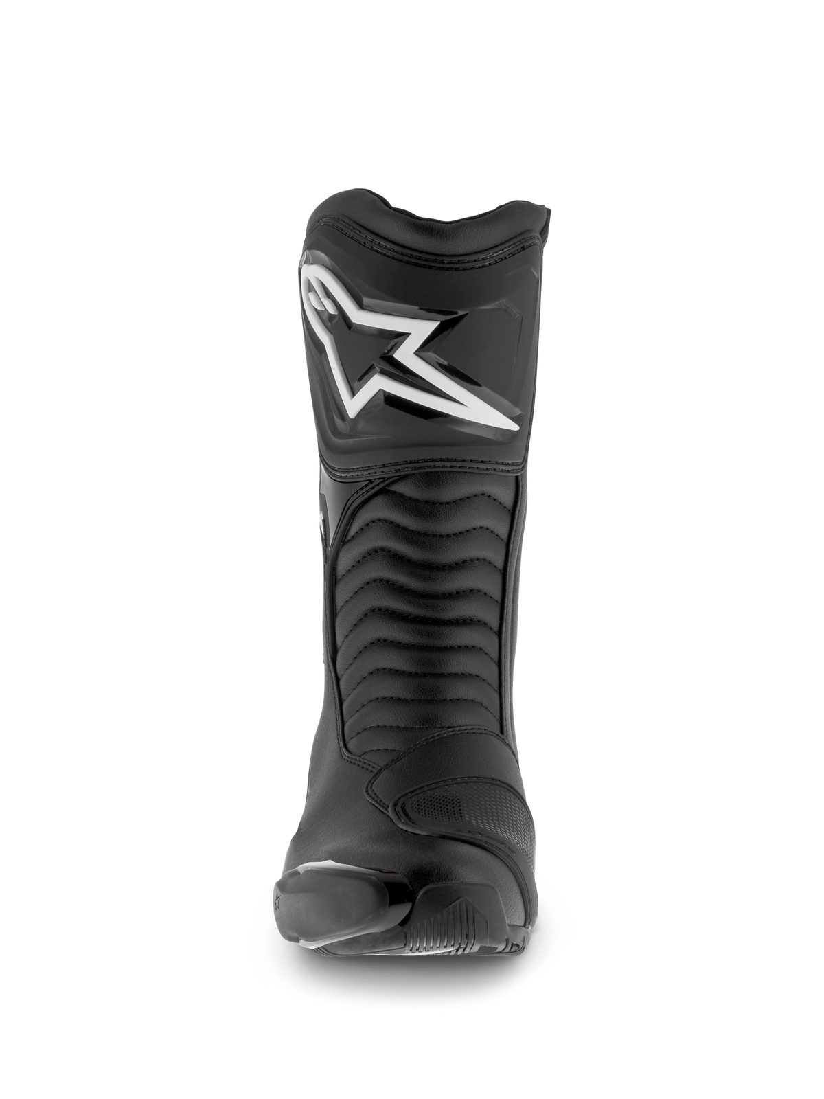 Botas Alpinestars SMX S Waterproof, botas de motociclismo, negro, vista frontal con el logotipo Astar blanco en la espinillera, paneles flexibles de acordeón y confección en microfibra duradera para sport-touring.