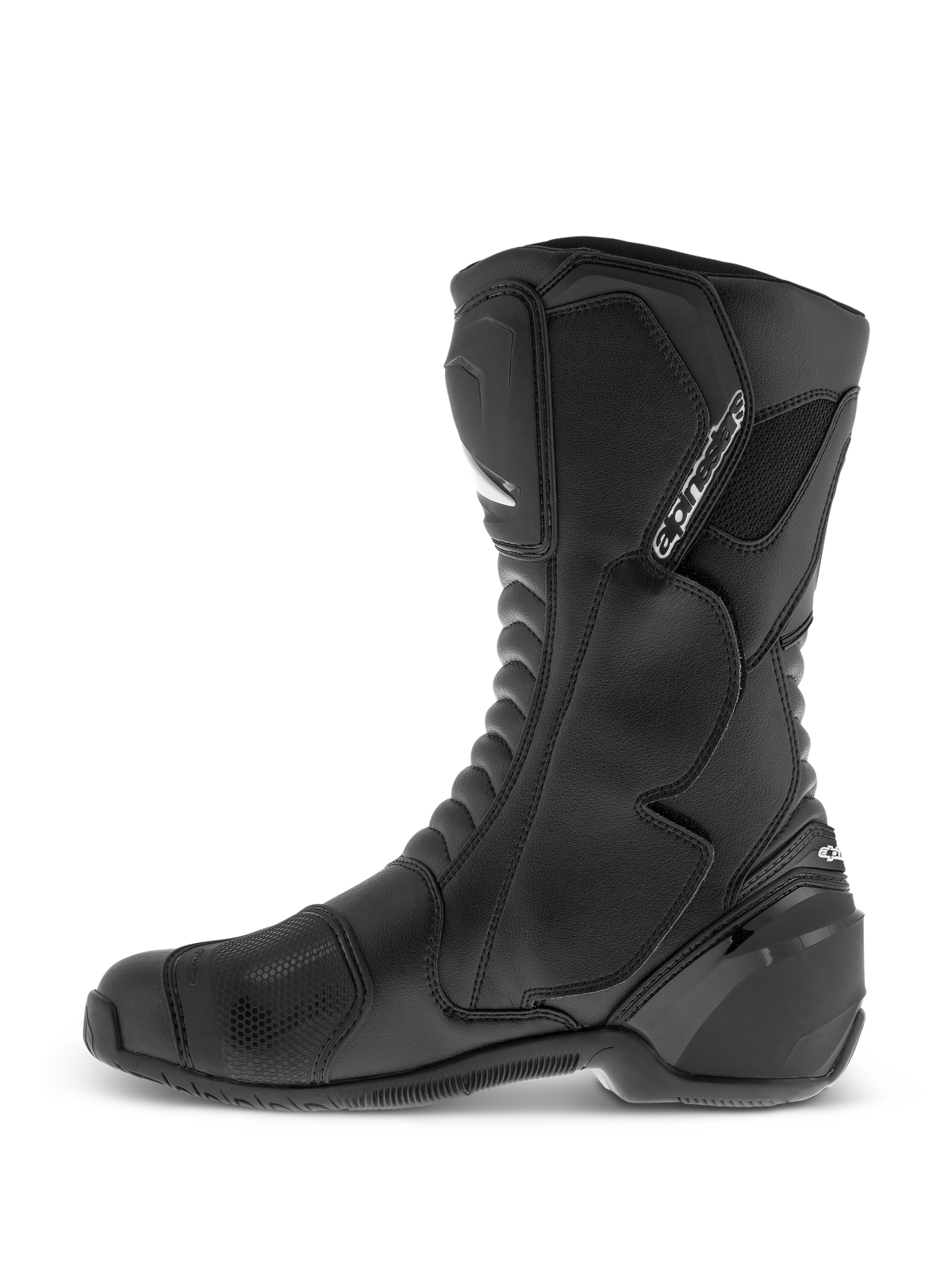 Alpinestars SMX S Waterproof Boots, botas de moto de caña alta en color negro, con parte superior de microfibra resistente, protección de TPU en espinilla y tobillo y almohadilla de cambio texturizada, vista de perfil lateral.