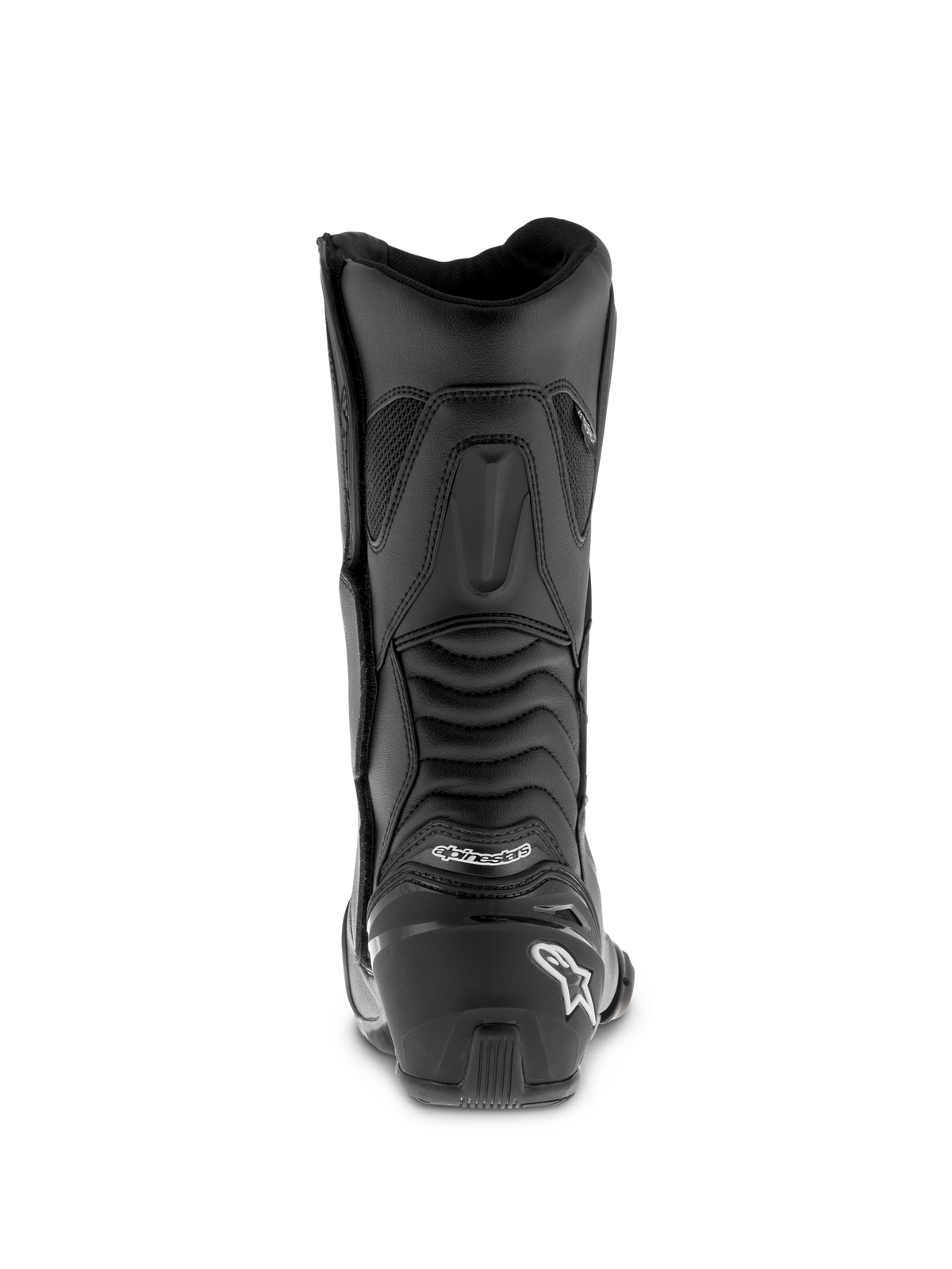 Botas Alpinestars SMX S Waterproof, botas de motociclismo negras, perfil trasero con protector de talón reforzado y logotipo blanco, paneles flexibles de acordeón para movilidad del tobillo, confección en microfibra duradera para sport-touring