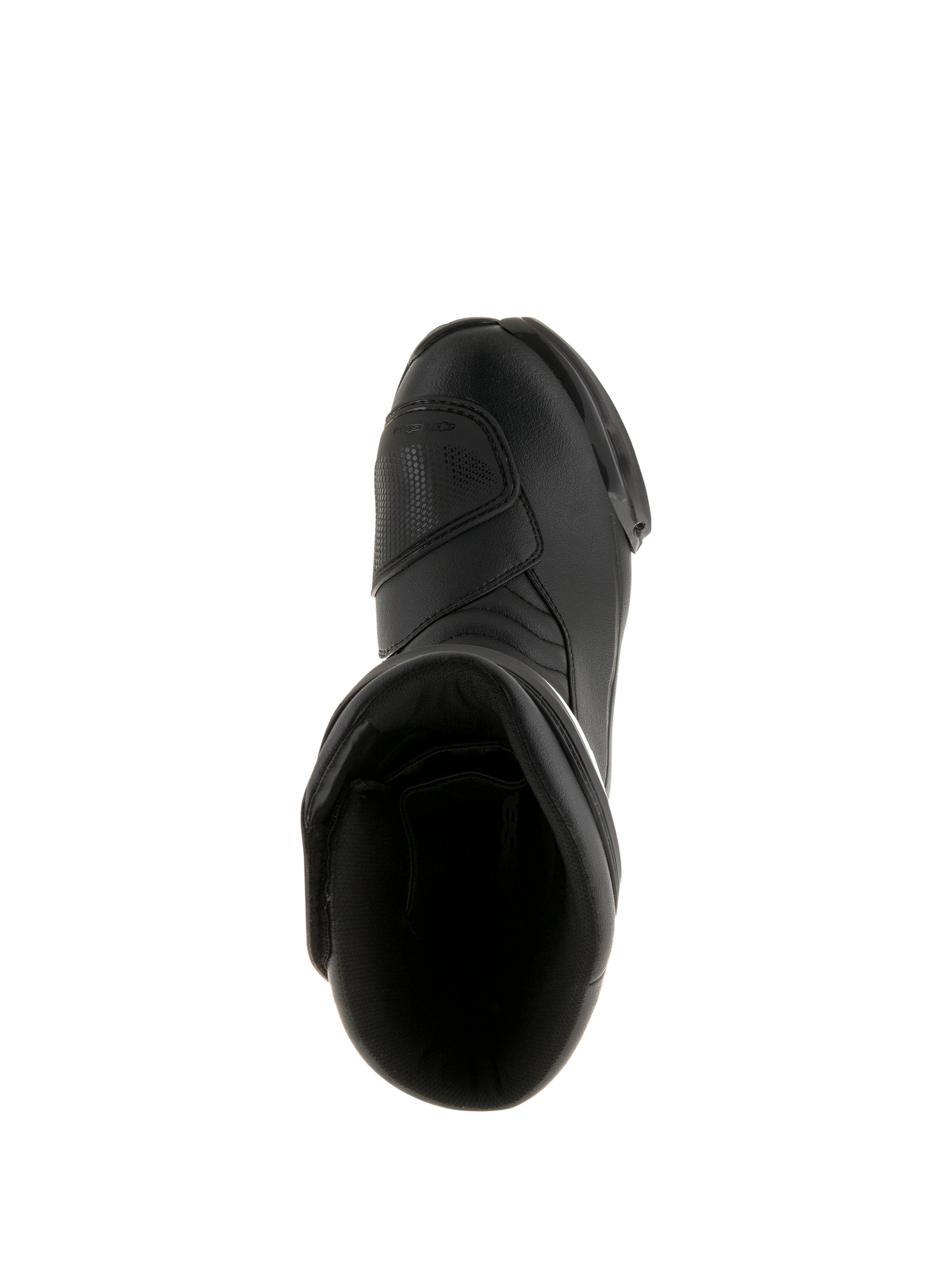 Botas Alpinestars SMX S Waterproof, negro, vista desde arriba que muestra la apertura interior y la parte superior de microfibra duradera, calzado de motociclismo sport-touring
