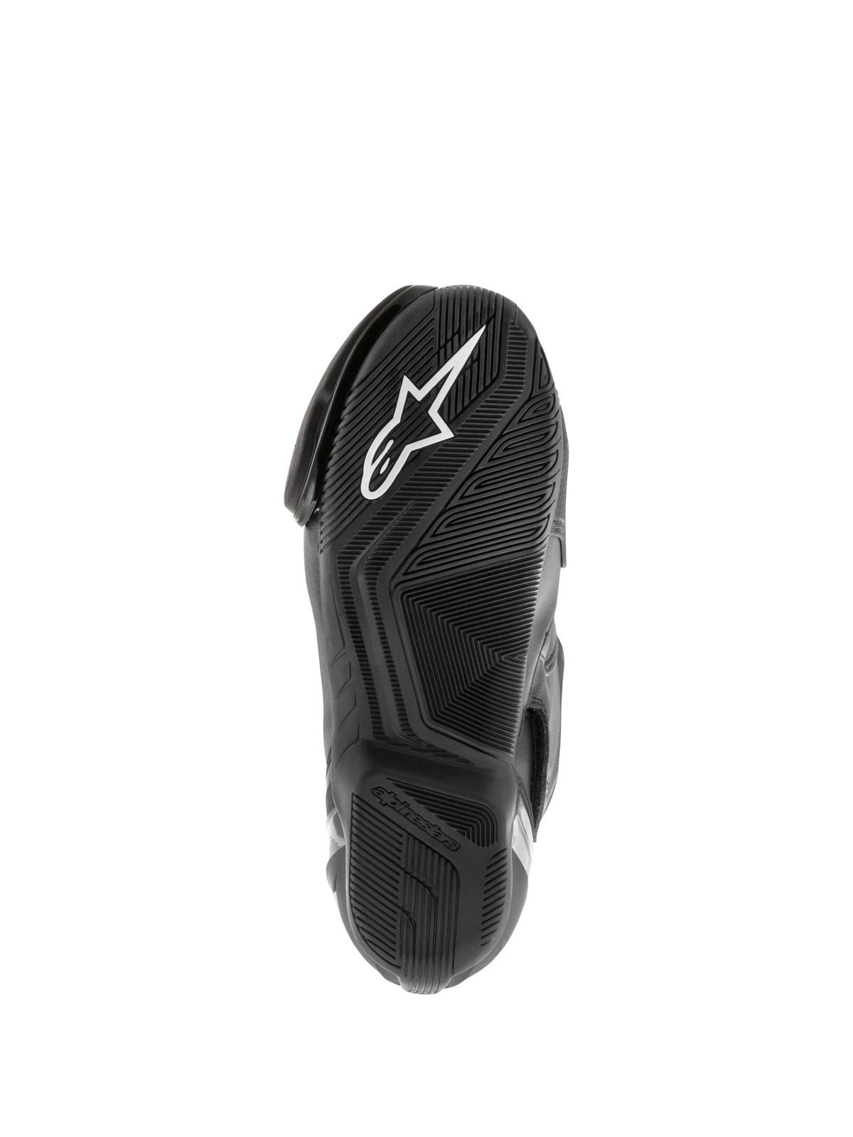 Botas Alpinestars SMX S Waterproof, botas de moto, negras, vista de la suela de goma texturizada con el logotipo Astar en blanco y patrón de dibujo para la dispersión del agua