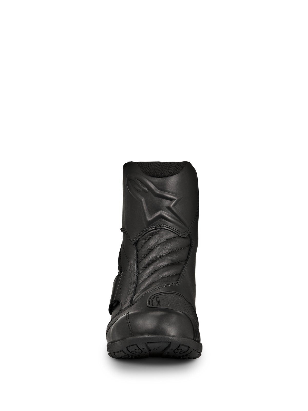 Botas Alpinestars New Land GORE-TEX, botas de moto de carretera y touring en color negro, vista frontal, construcción en cuero de plena flor con logotipo de estrella en relieve, zonas de flexión de acordeón en la parte delantera, diseño impermeable de media caña para viajes de larga distancia