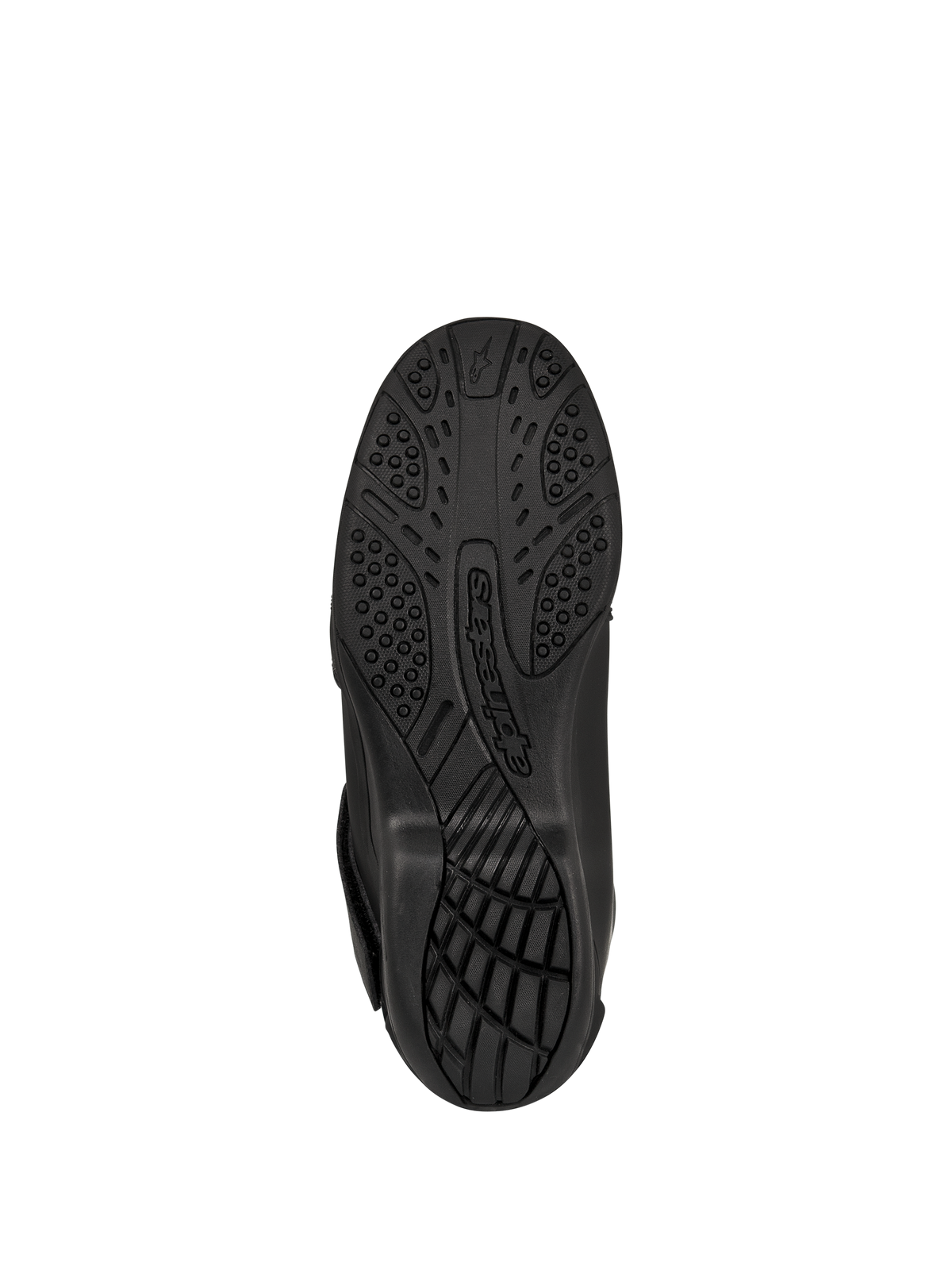 Alpinestars New Land GORE-TEX Boots, Black, bottom view of the vulcanized rubber compound outsole, textured tread pattern for grip and traction, featuring embossed Alpinestars branding, road-touring motorcycle footwear