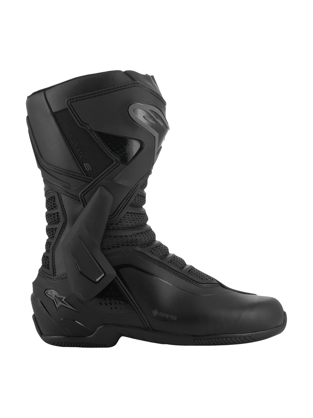 Botas Alpinestars SMX-6 V3 GORE-TEX, negro y gris oscuro, botas de alto rendimiento impermeables para motociclismo, con refuerzo lateral de tobillo en TPU y placa de espinilla, construcción ergonómica de microfibra con paneles de malla 3D, logotipo GORE-TEX en el lateral, calzado especializado para rendimiento en circuito y calle
