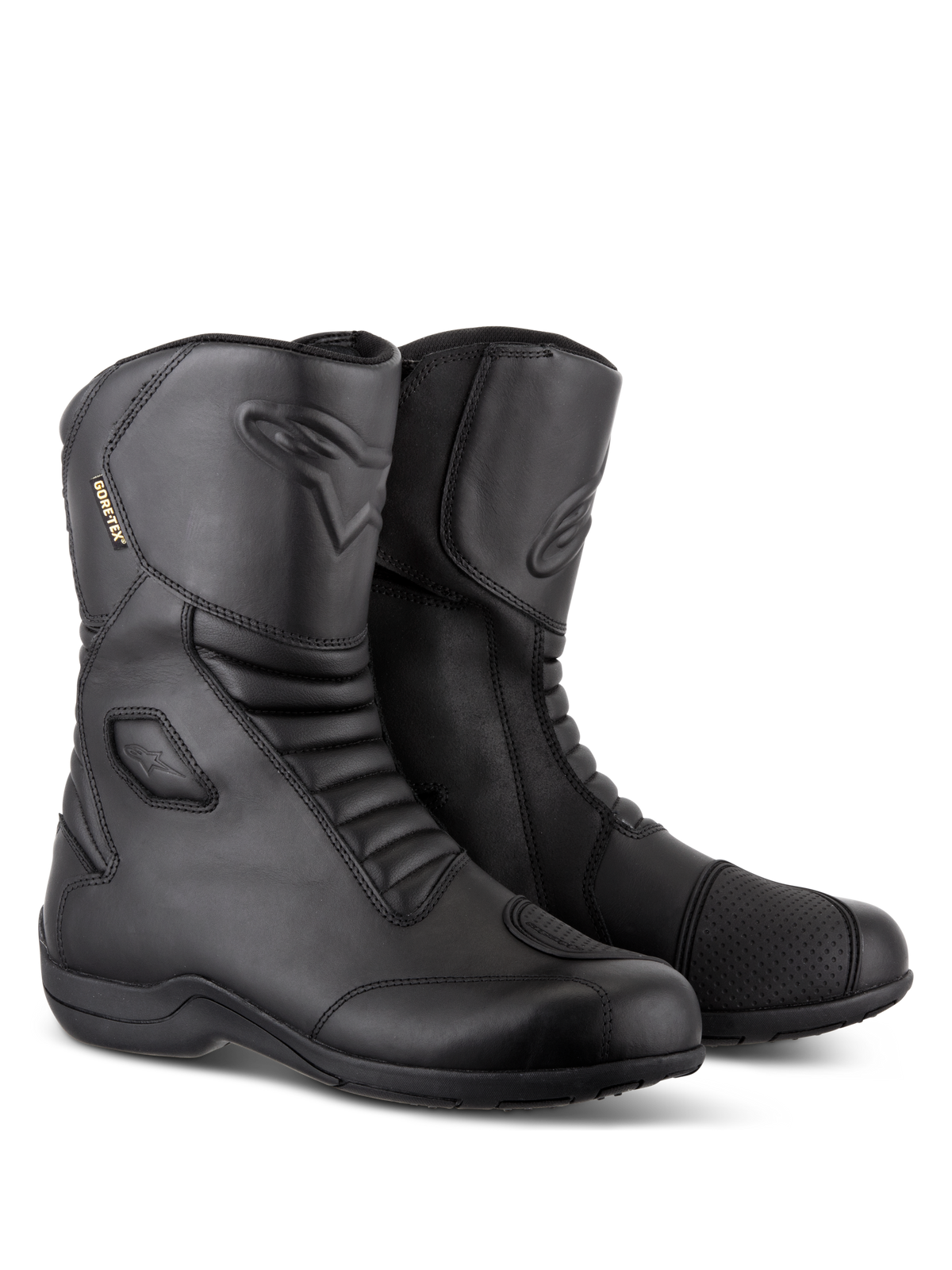 Botas Alpinestars Web GORE-TEX, botas de moto touring impermeables en color negro, construcción de cuero con zonas de flexión de acordeón delanteras y traseras, protector de cambio reforzado y diseño de entrada lateral para conducción en carretera.