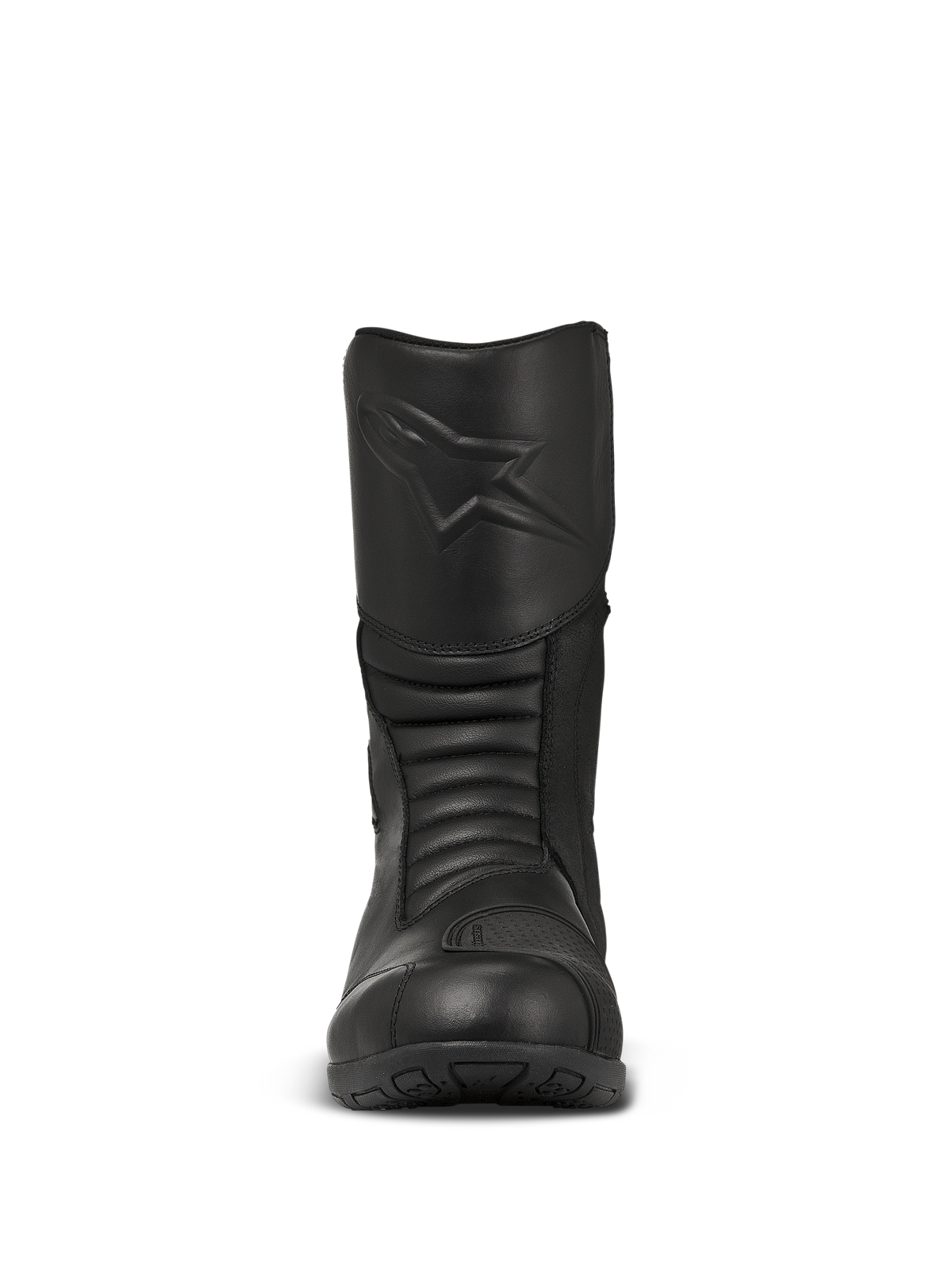 Botas Alpinestars Web GORE-TEX, botas de moto touring negras, vista frontal con logotipo de estrella en relieve en la espinilla, zonas de flexión en acordeón para maniobrabilidad y construcción de cuero duradero.