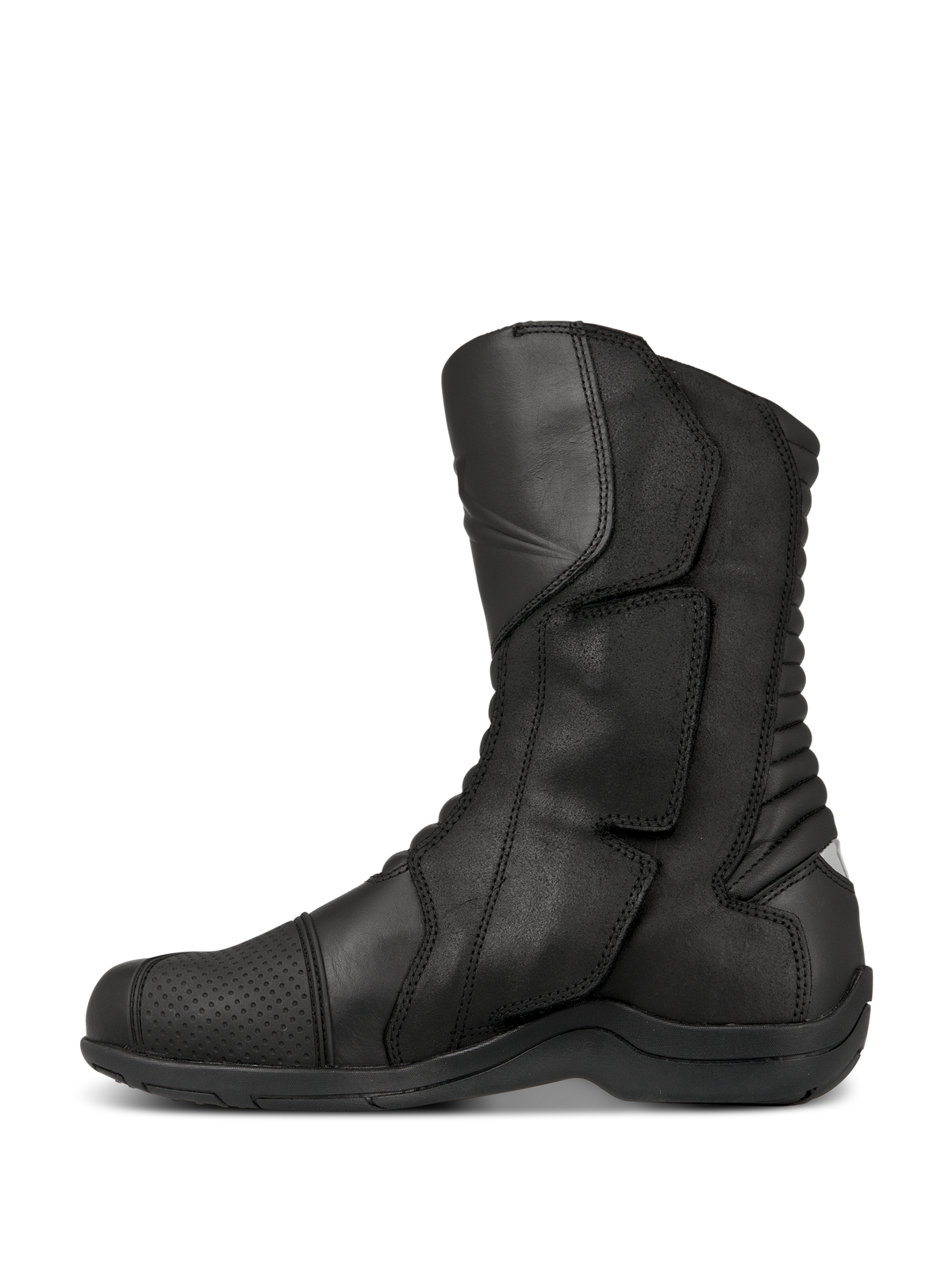 Botas Alpinestars Web GORE-TEX, botas de motociclismo touring, negras, vista de perfil lateral que muestra la construcción en cuero, sistema de entrada lateral con gran solapa de cierre y zonas de flexión en acordeón traseras para mayor maniobrabilidad.