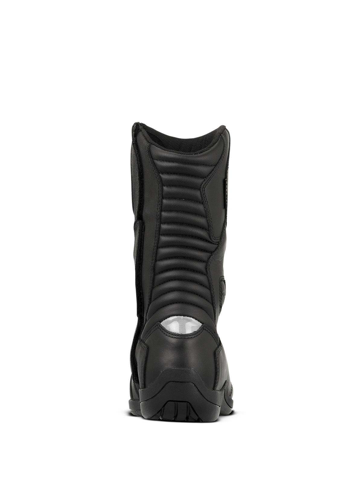 Botas Alpinestars Web GORE-TEX, botas de moto touring impermeables, Negro, vista trasera con zonas de flexión de acordeón y un inserto reflectante en el talón para visibilidad nocturna, construcción de cuero duradero con suela robusta