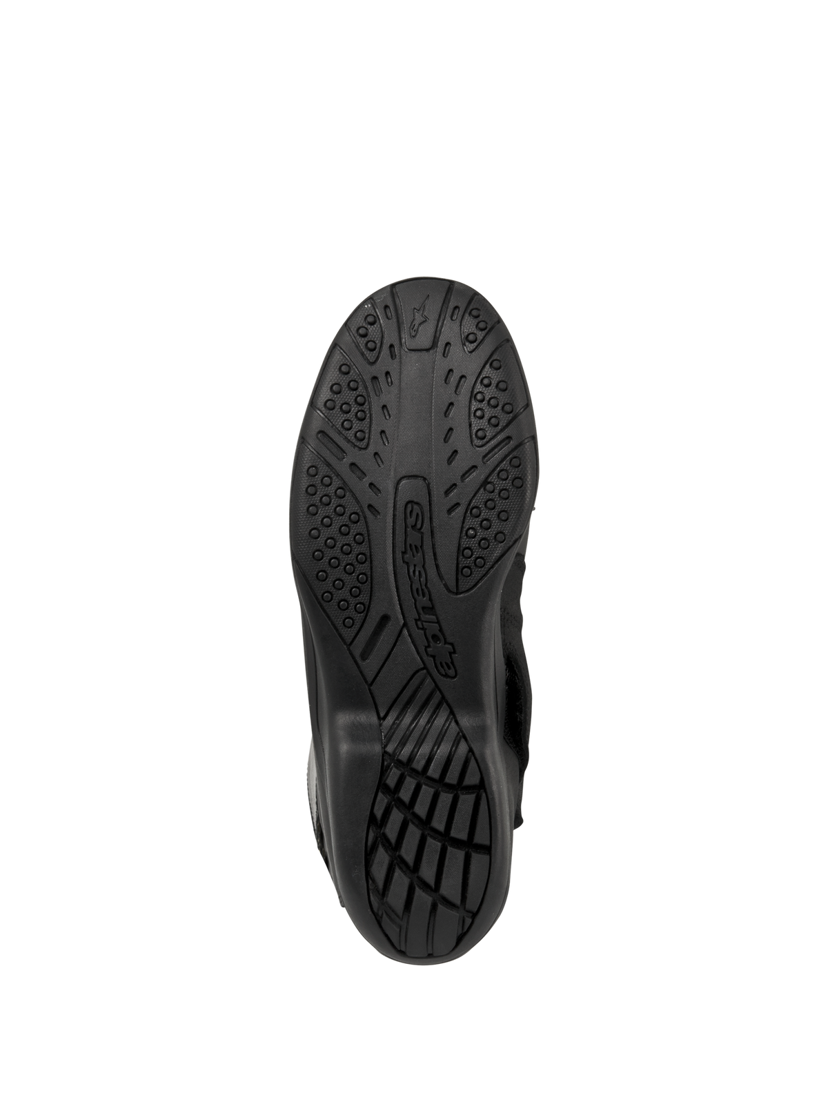 Botas Alpinestars Web GORE-TEX, botas de moto para turismo, negras, vista inferior de la suela con dibujo de goma texturizada para el agarre y marca Alpinestars
