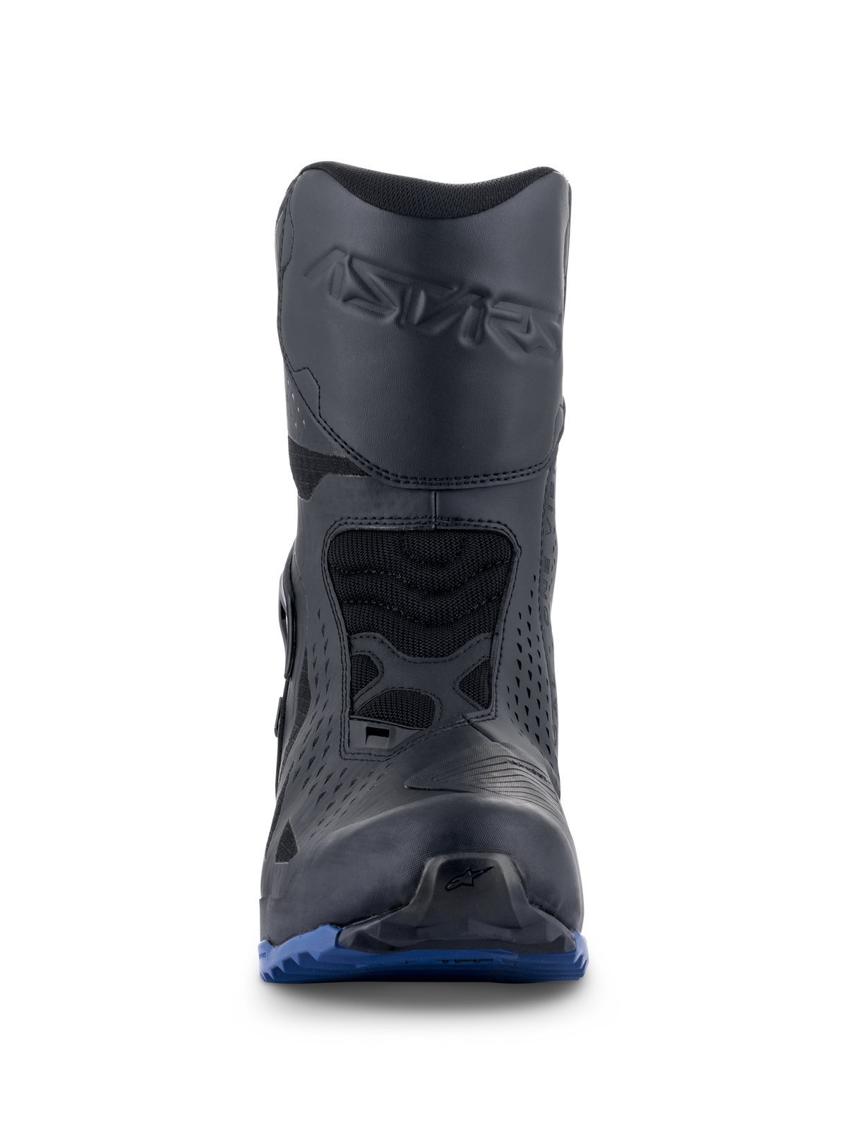 Botas Alpinestars RT-8 GORE-TEX, botas de touring para moto, negro y azul, vista frontal con la marca Astars en relieve en la espinilla, almohadilla de cambio protectora y suela exterior azul robusta para tracción todoterreno