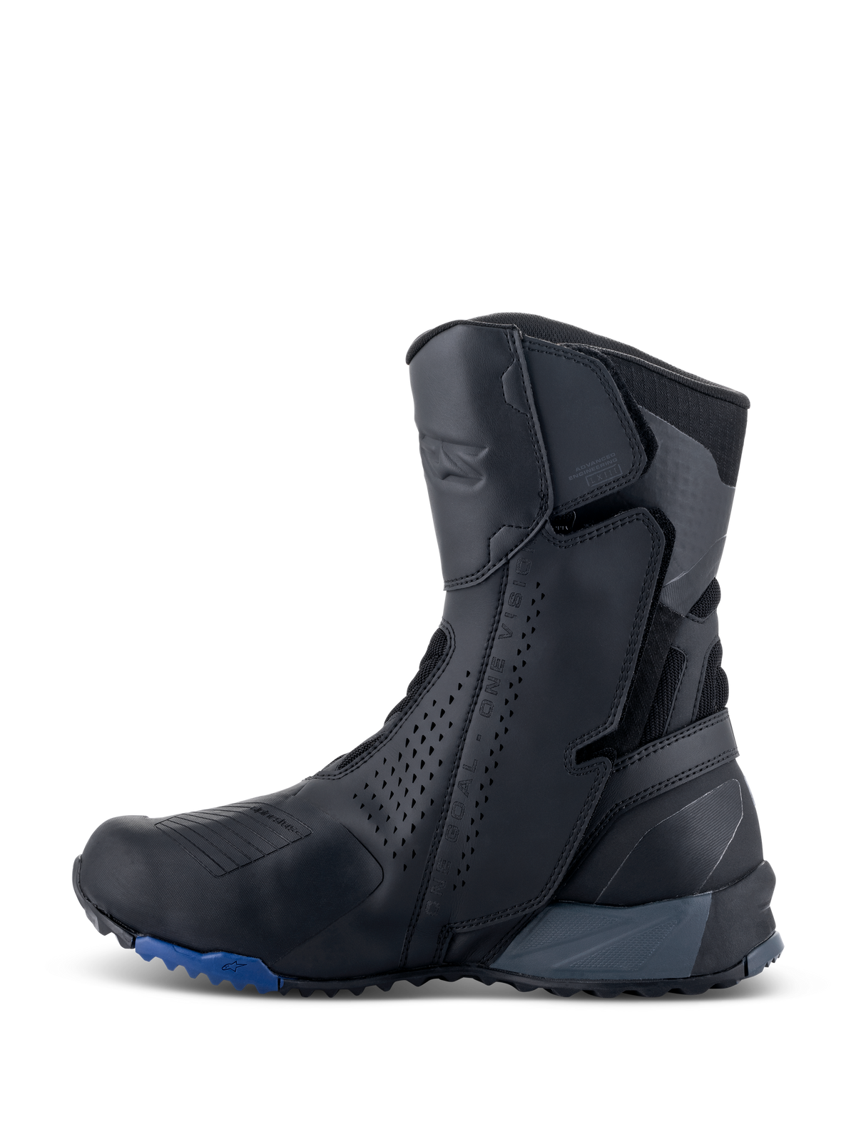 Botas Alpinestars RT-8 GORE-TEX, botas de touring para moto, negro y azul, vista de perfil lateral que muestra una parte superior de microfibra estilizada con paneles perforados, zonas de protección integradas y una suela robusta con detalles en azul.