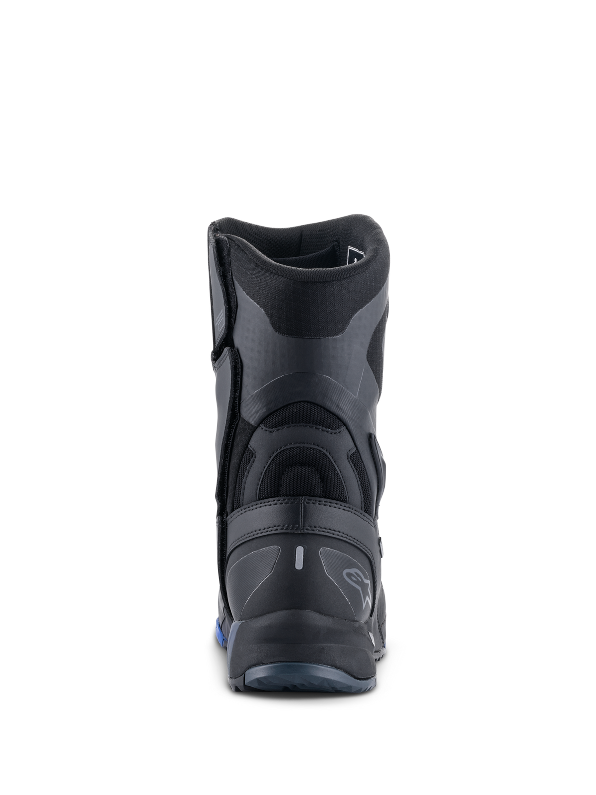 Botas Alpinestars RT-8 GORE-TEX, botas de touring para moto, negro y azul, vista trasera que resalta el contrafuerte del talón reforzado, paneles sintéticos texturizados y logotipo sutil de Alpinestars