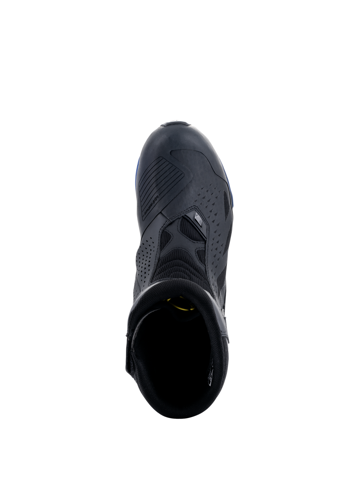 Botas Alpinestars RT-8 GORE-TEX, negro y azul, vista superior que muestra el protector de cambios, los paneles de microfibra perforada y los acentos azules de la suela, calzado técnico impermeable para motociclismo de touring