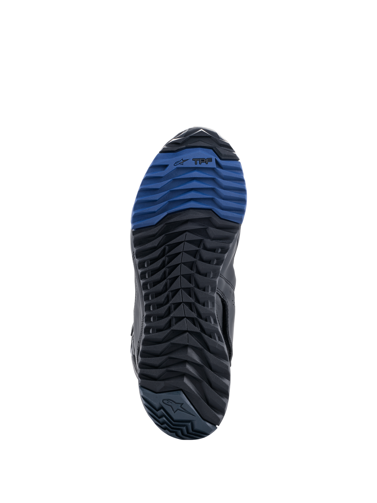 Botas Alpinestars RT-8 GORE-TEX, vista de la suela que muestra la suela exterior de goma negra y azul, con un patrón de tacos robusto y la marca TPF, diseñada para ofrecer tracción y comodidad al caminar en terrenos de adventure touring.