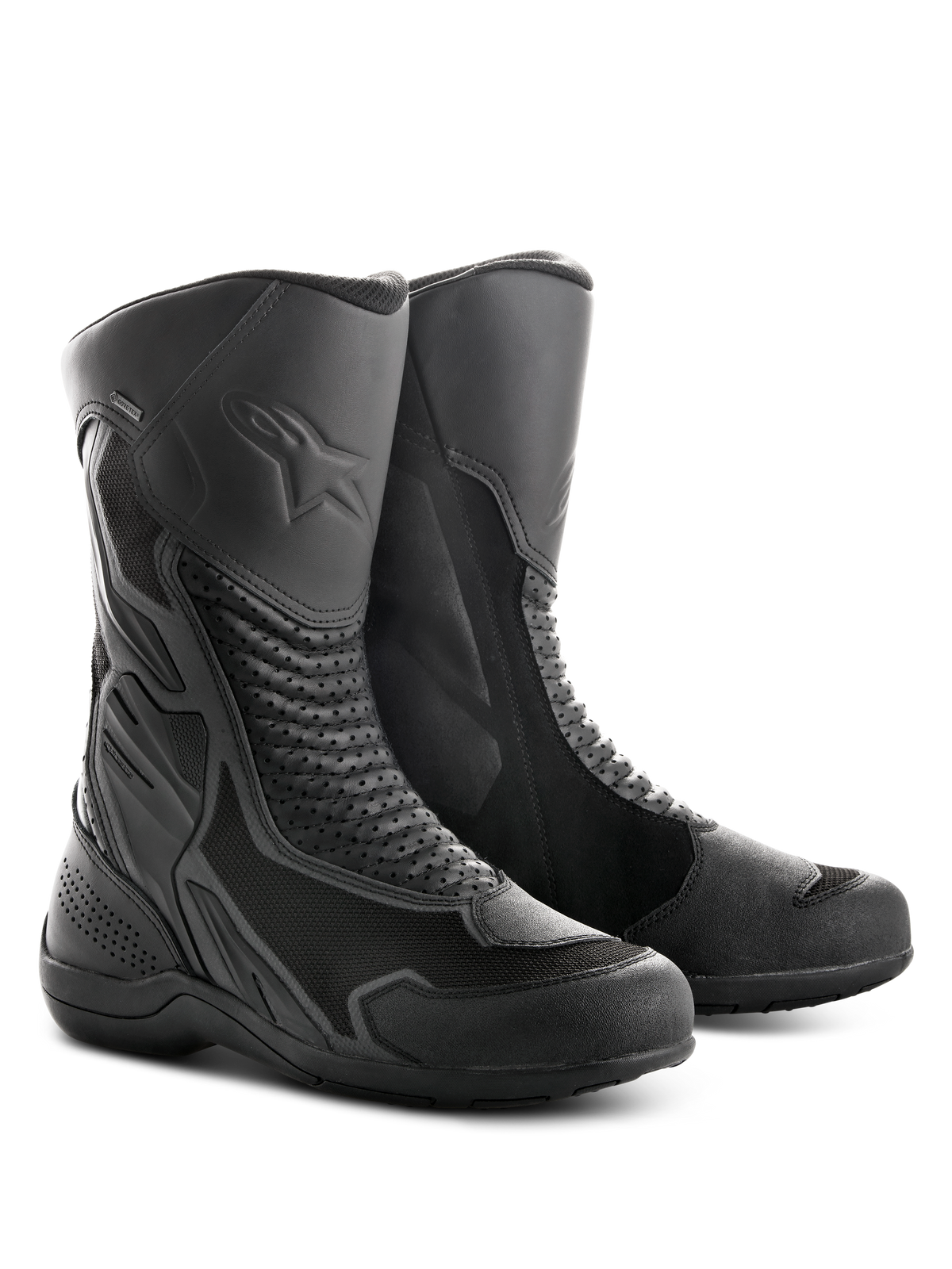 Botas Alpinestars Air Plus V2 GORE-TEX, botas de moto touring, color negro, con una combinación de malla ventilada y construcción en cuero, paneles de acordeón perforados para flexibilidad, logo de estrella en relieve en la espinilla y suela de goma duradera diseñada para todo tipo de clima
