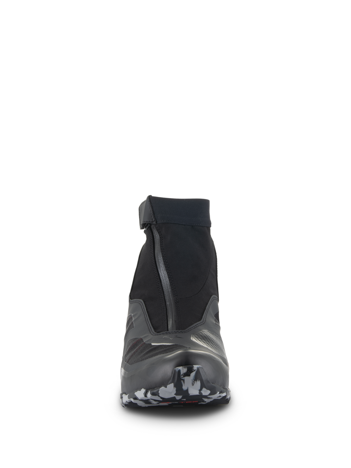 Alpinestars CR-8 GORE-TEX Shoes, Front view, Black and Dark Gray, high-cut motorcycle riding shoe featuring an angled waterproof zipper, elasticated collar, and textured sole tip, technical adventure touring footwear