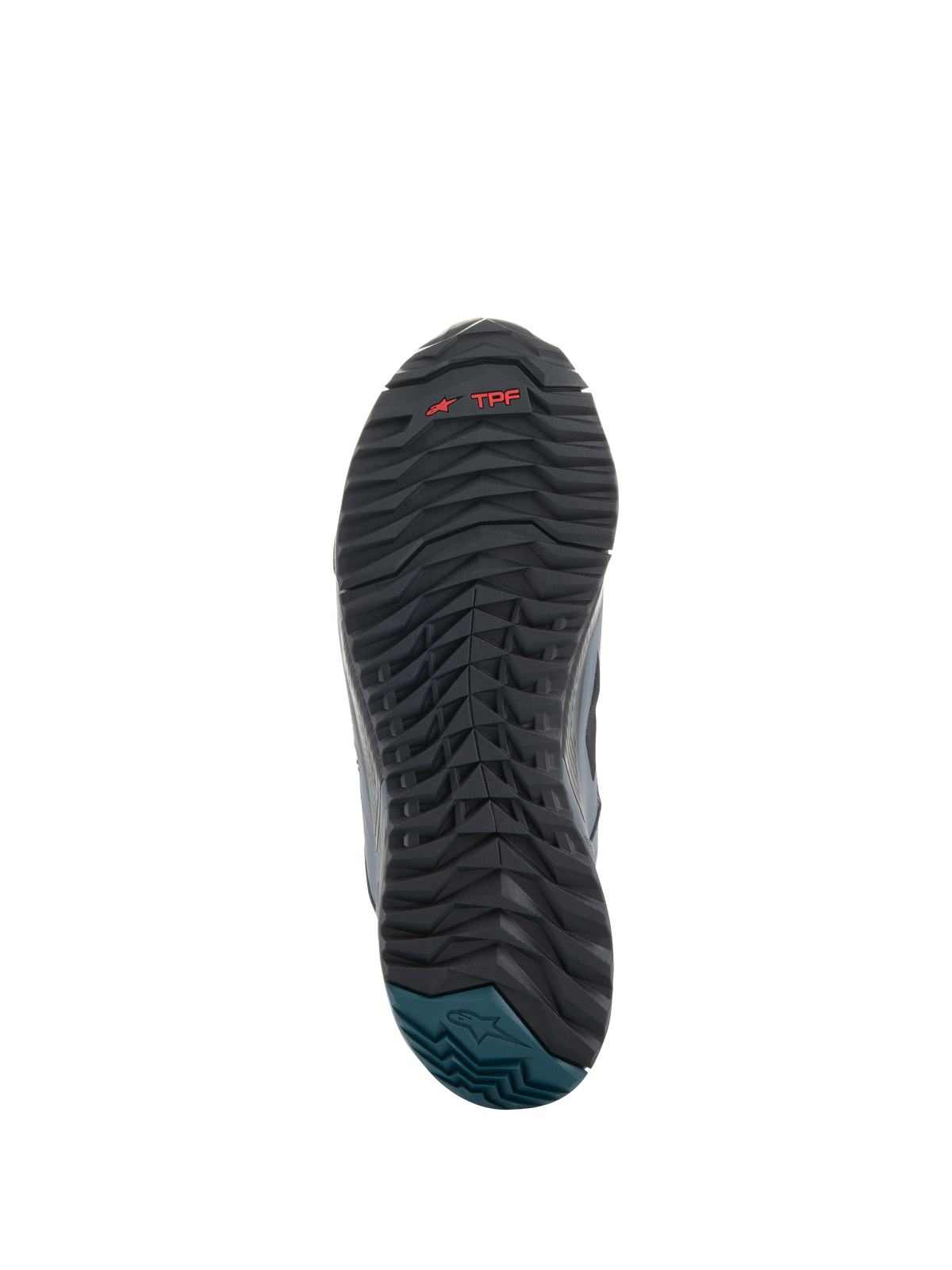 Alpinestars CR-8 GORE-TEX Shoes, Sole View, Black and Dark Gray rubber outsole with textured wavy tread, red TPF branding, Petrol Blue heel with Alpinestars logo, durable design for motorcycle riding