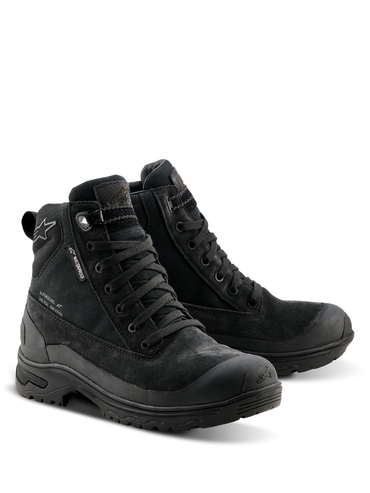 Botas Alpinestars Woman Judy Waterproof, botas de moto negras, diseño inspirado en las botas de combate con cierre de cordones, con etiqueta waterproof, construcción de ante y textil, y suela de goma duradera para comodidad al conducir y caminar