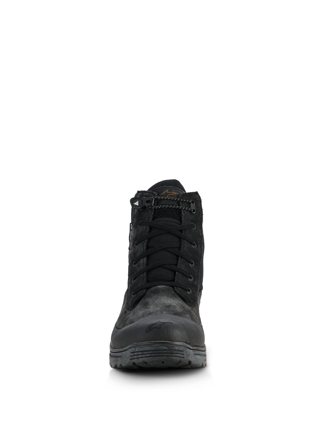 Botas impermeables Alpinestars Woman Judy, botas de moto para mujer, negras, vista frontal con un diseño estilo militar, cierre de cordones con cordón elástico en el cuello, acabado mate con refuerzo de goma en la puntera y suela elevada