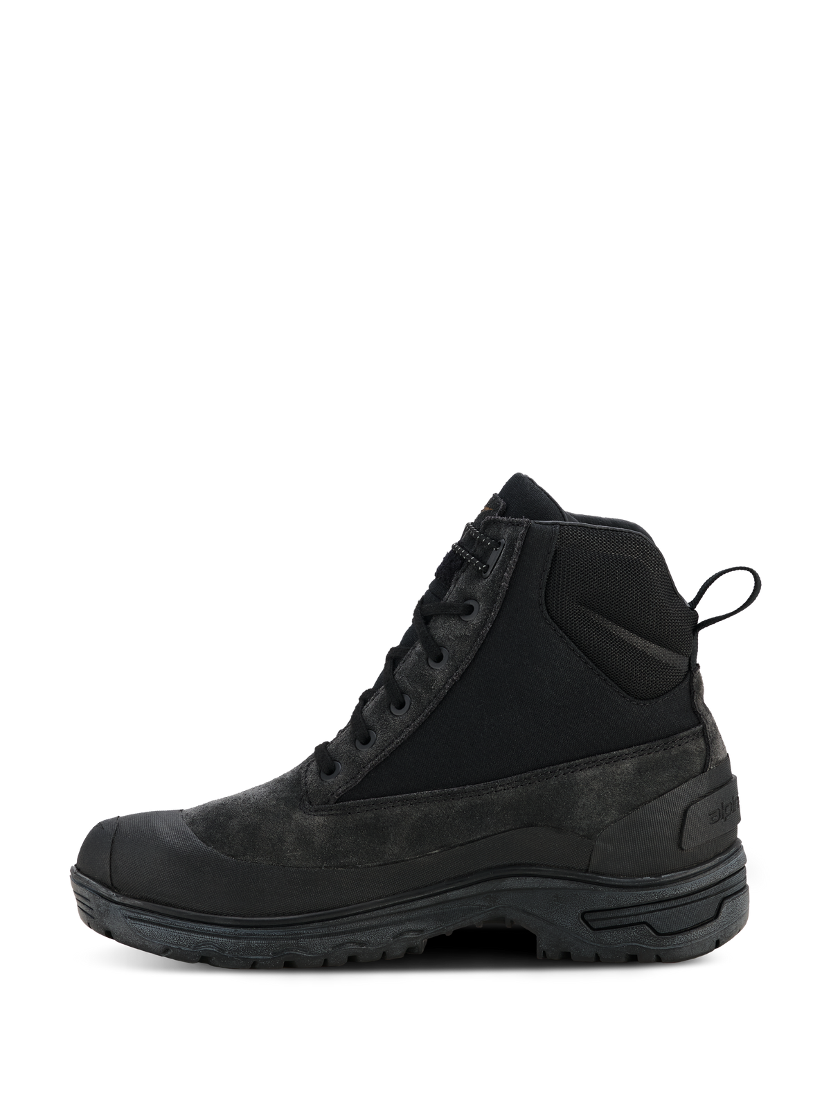 Botas impermeables Alpinestars Woman Judy, botas de motociclismo negras, diseño de caña alta inspirado en botas de combate con vista de perfil lateral, con cordones y tirador trasero, suela de goma elevada, construcción duradera en cuero y textil para conducción urbana