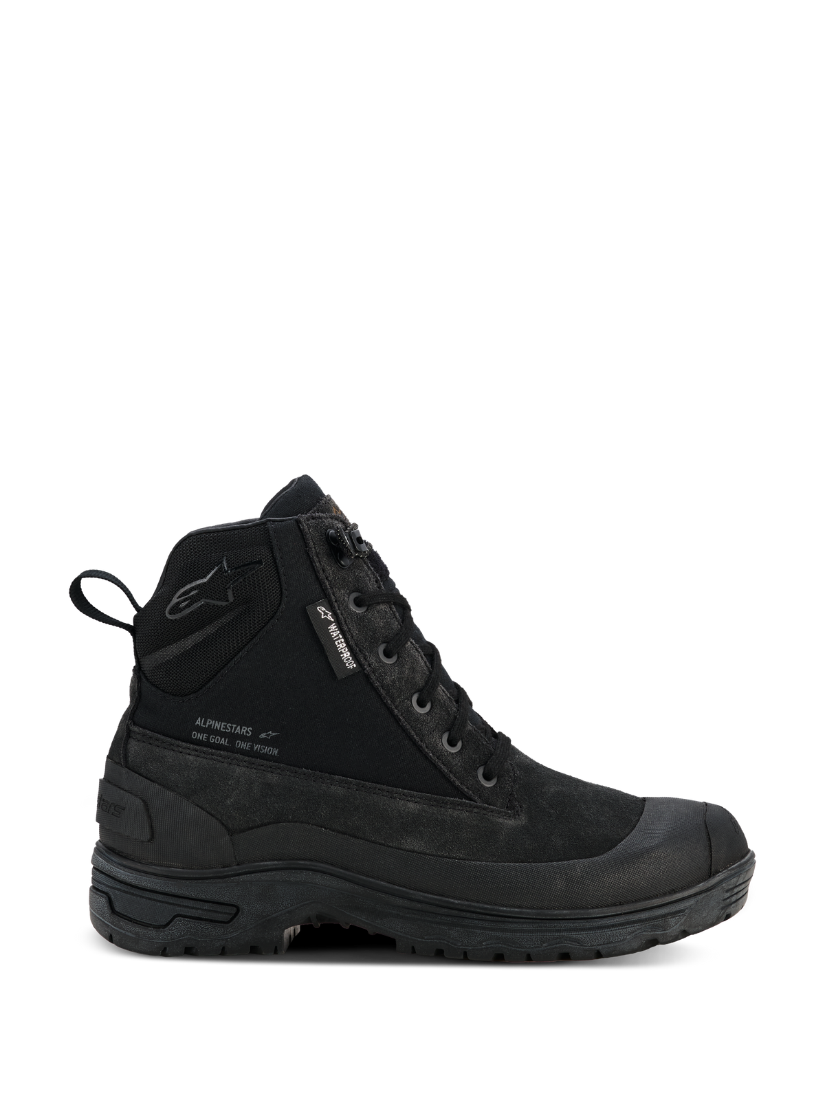 Alpinestars Woman Judy Waterproof Boots, botas de moto urbanas para mujer, negras, estilo combate de caña alta con cordones frontales, suela gruesa y robusta, etiqueta impermeable y tirador trasero, acabado en ante mate y textil