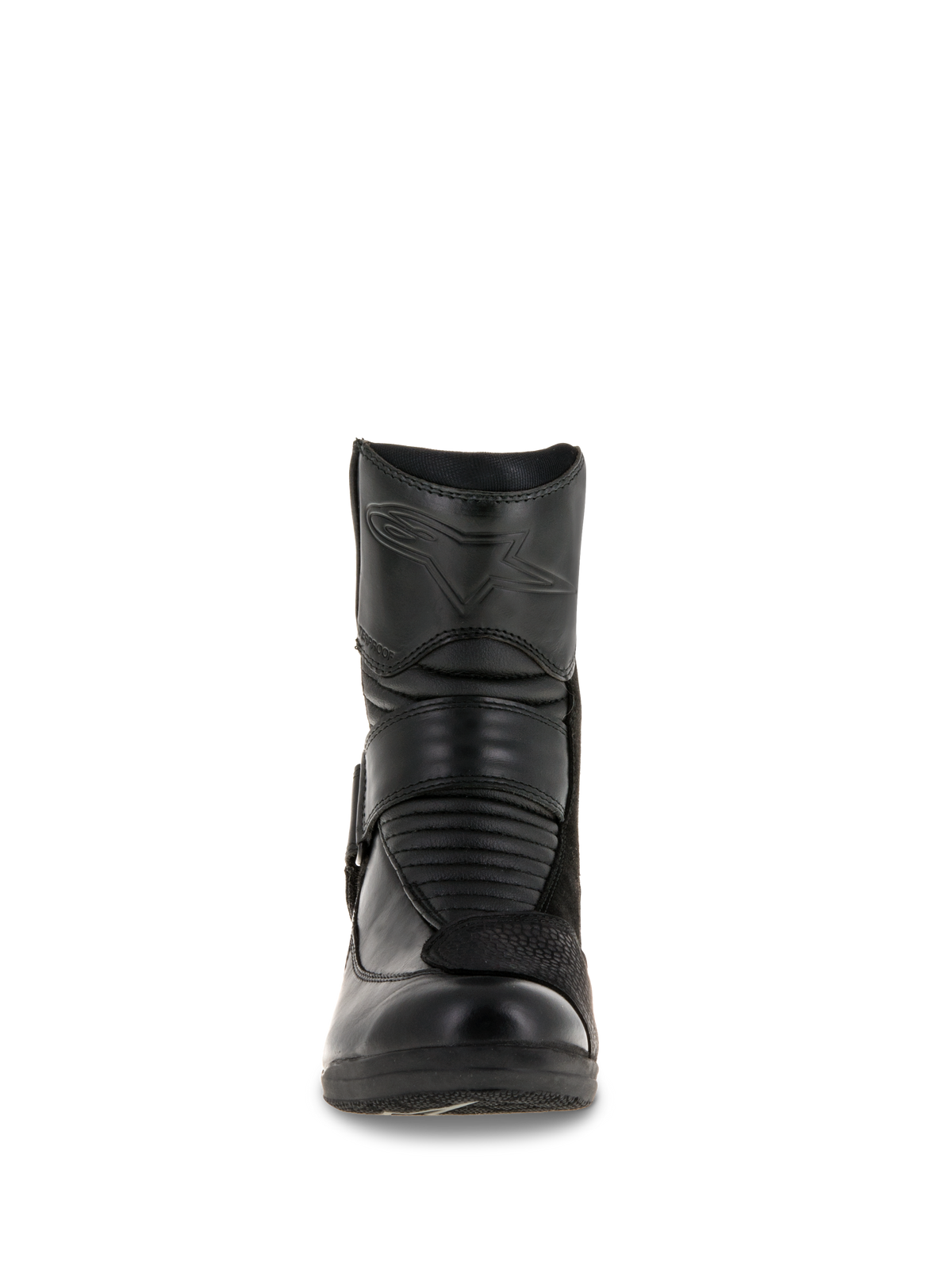 Alpinestars Women Stella Valencia Waterproof Boots, front view, solid black leather construction, featuring front accordion flex zones and embossed star logo on the shin, low-cut waterproof motorcycle touring boot