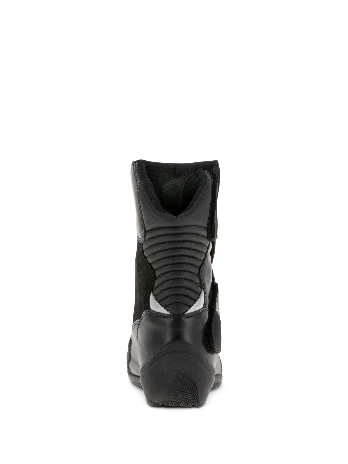 Alpinestars Women Stella Valencia Waterproof Boots, Black, rear view showing rear accordion flex zones, low-cut leather and suede motorcycle touring boots with textured heel