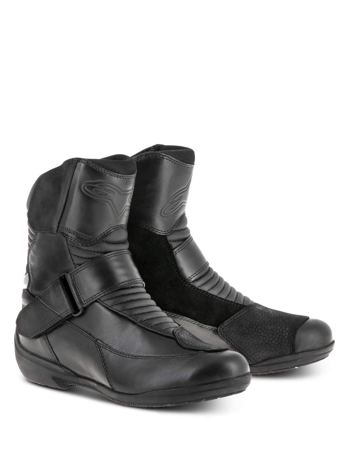 Alpinestars Women Stella Valencia Waterproof Boots, Black, Low-cut touring boots featuring leather and suede panels, accordion flex zones, and instep buckle strap, waterproof riding footwear for women