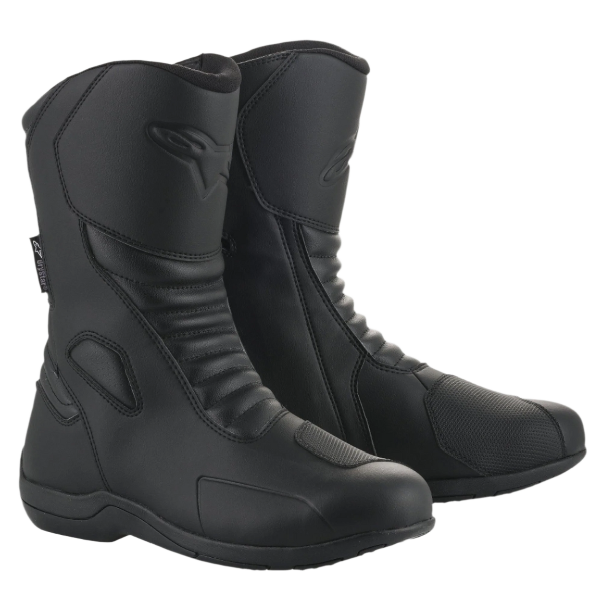 Botas Alpinestars Origin Drystar®, botas de touring para motocicleta en color negro, empeine de microfibra con zonas de flexión en acordeón delanteras, logotipo de Alpinestars grabado en la pantorrilla, almohadilla de cambio sintética, diseño impermeable y elegante para conducción en carretera y aventura