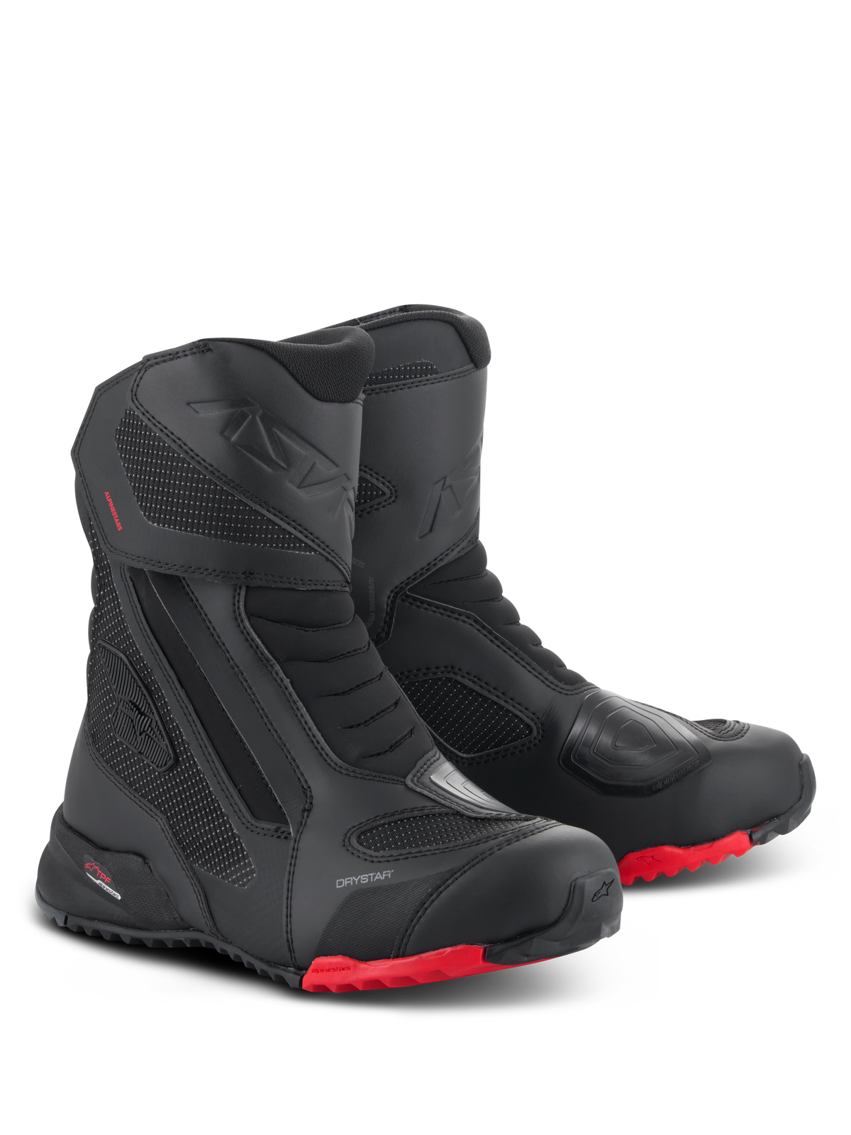 Botas Alpinestars RT-7 Drystar, botas de turismo para motocicleta, negro y rojo, con membrana impermeable Drystar, construcción duradera de textil y microfibra, suelas rojas con tacos y zonas protectoras reforzadas para aventuras en todo terreno