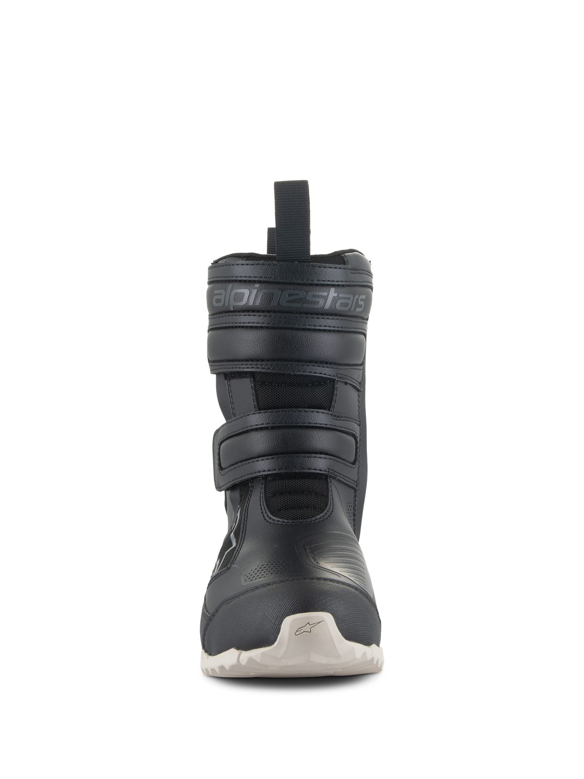 Botas Alpinestars Stella RT-7 Touring Drystar® para mujer, botas de touring para moto negras con suela blanca, vista frontal con doble cierre de correas de velcro y logotipo de Alpinestars grabado, diseño técnico para conducción en carretera y aventura