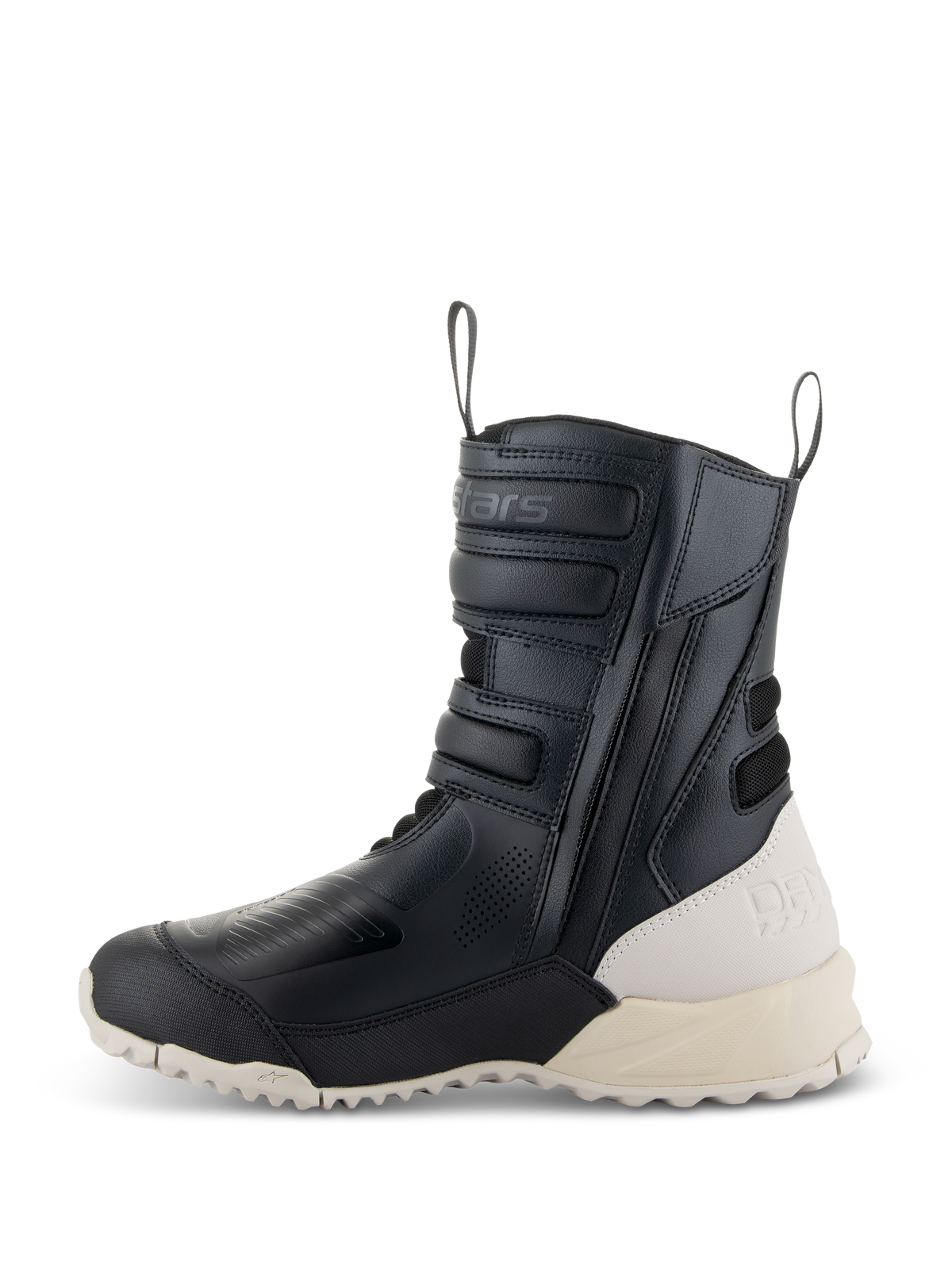 Botas Alpinestars Stella RT-7 Touring Drystar® para mujer, negro y blanco, perfil lateral de una bota alta de motociclismo para touring con confección en microfibra, cremallera lateral con correas ajustables y talón y suela en blanco roto en contraste.