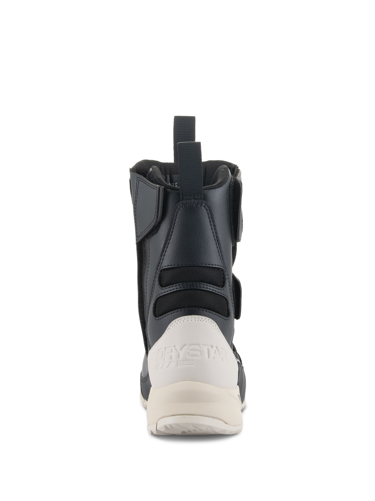 Botas Alpinestars Stella RT-7 Touring Drystar® para mujer, vista trasera, negro y blanco, con un contrarrefuerzo del talón blanco reforzado con la marca Drystar, un tirador trasero y paneles textiles de acordeón para mayor flexibilidad.