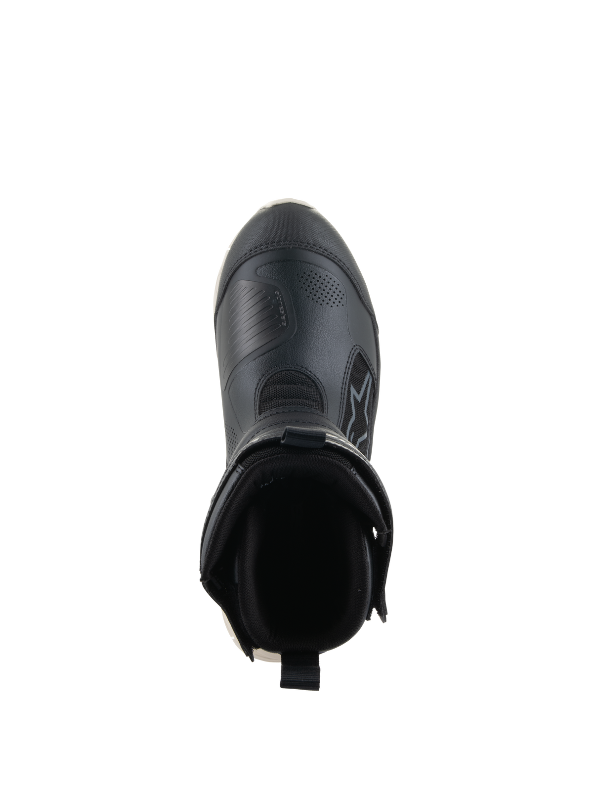 Botas Alpinestars Stella RT-7 Touring Drystar®, botas de moto de touring para mujer, negro y blanco, vista superior mirando hacia la abertura de la bota, con cuello acolchado, tirador trasero y parte superior de microfibra duradera con el logotipo de Alpinestars.