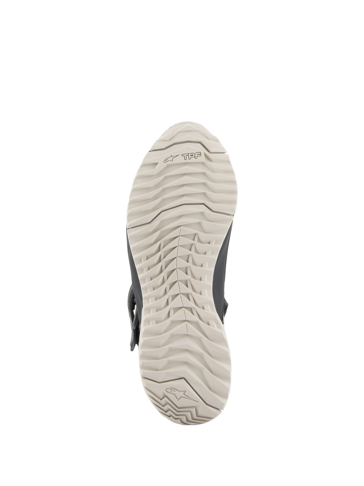 Botas Stella RT-7 Touring Drystar® de Alpinestars para mujer, vista de la suela, suela de goma gris claro con un patrón de tacos resistente y logotipo TPF, diseñada para tracción y soporte del marco de protección transversal
