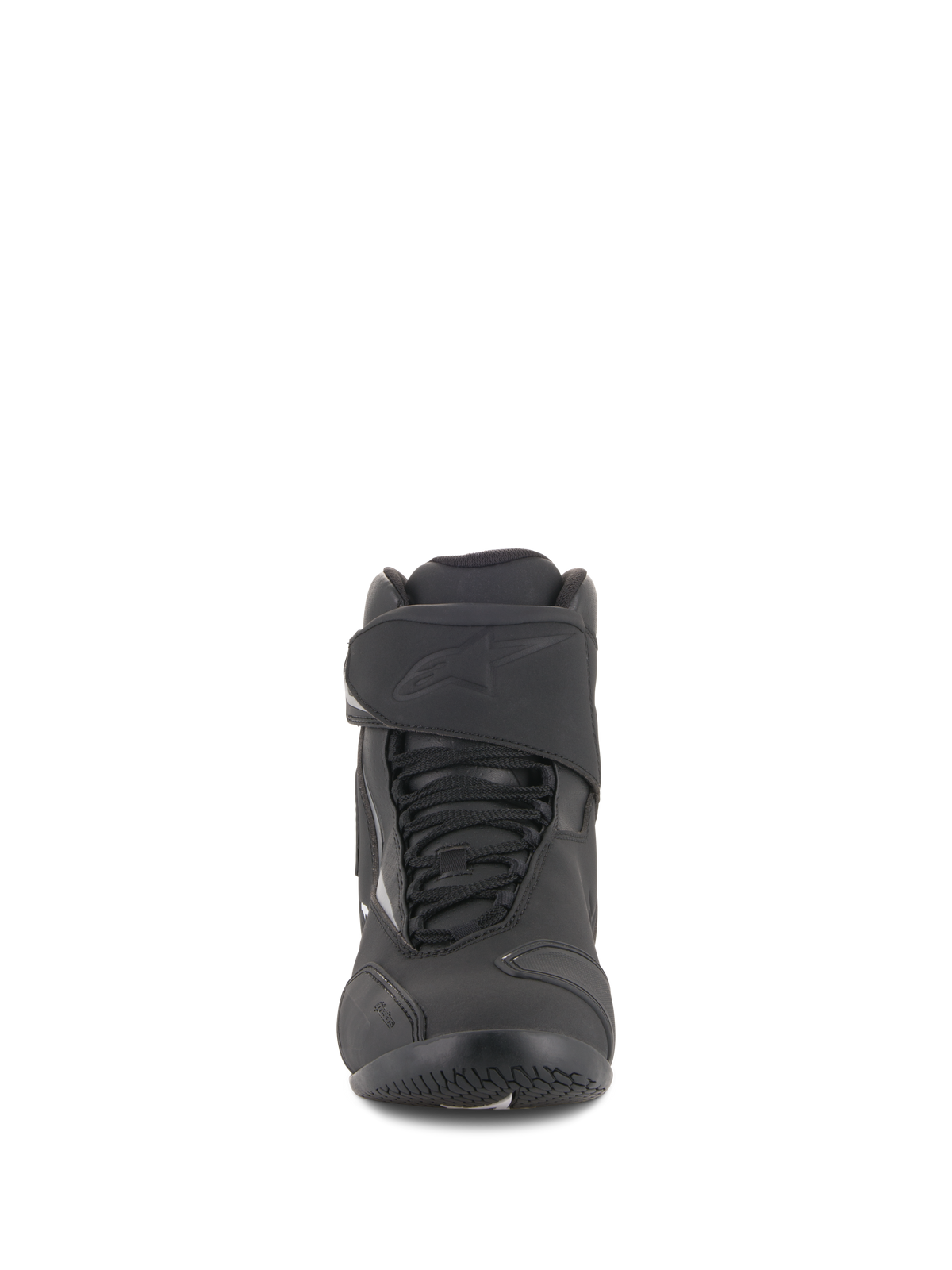 Alpinestars Fastback 2 Drystar® Waterproof Shoes, Black and White, front view featuring lace system with adjustable hook-and-loop strap, embossed logo, durable leather and microfiber construction for road riding