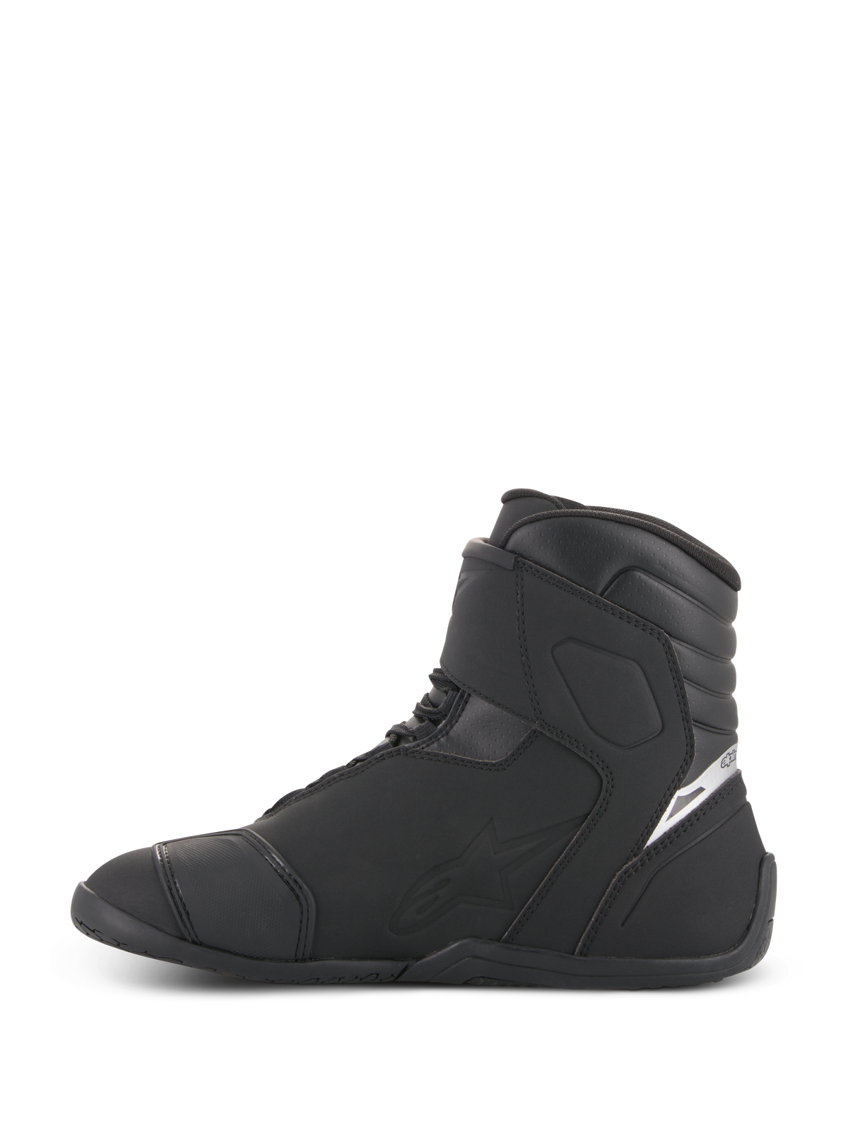 Alpinestars Fastback 2 Drystar® Waterproof Shoes, Motorcycle Riding Shoes, Black and White, side profile view, black leather and microfiber construction with high-top cuff, white logo detail on heel, sleek waterproof footwear for road riding