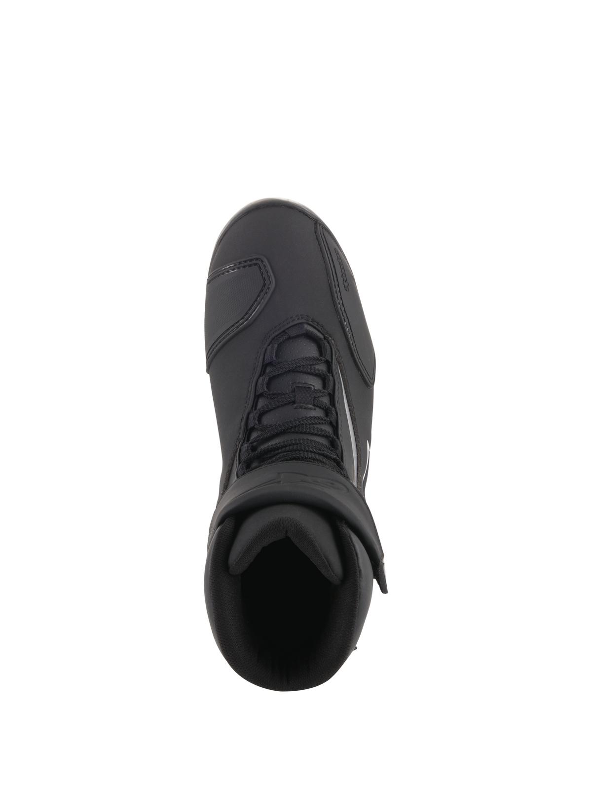Alpinestars Fastback 2 Drystar® Waterproof Shoes, Motorcycle Riding Shoes, Black and White, top-down view showing lace closure and adjustable hook-and-loop strap, waterproof road riding footwear