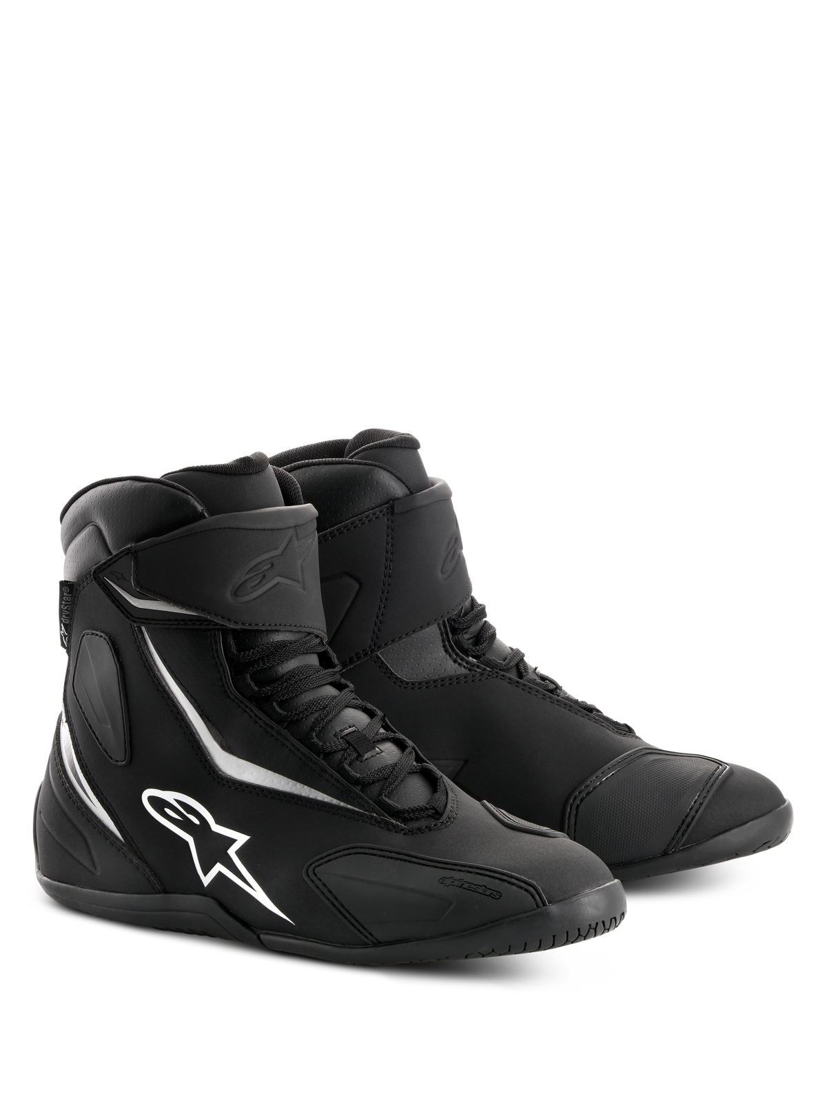 Alpinestars Fastback 2 Drystar® Waterproof Shoes, Black and White motorcycle riding shoes, high-top design with white Alpinestars logo and accents, lace-up closure with hook-and-loop ankle strap, durable construction for road touring.