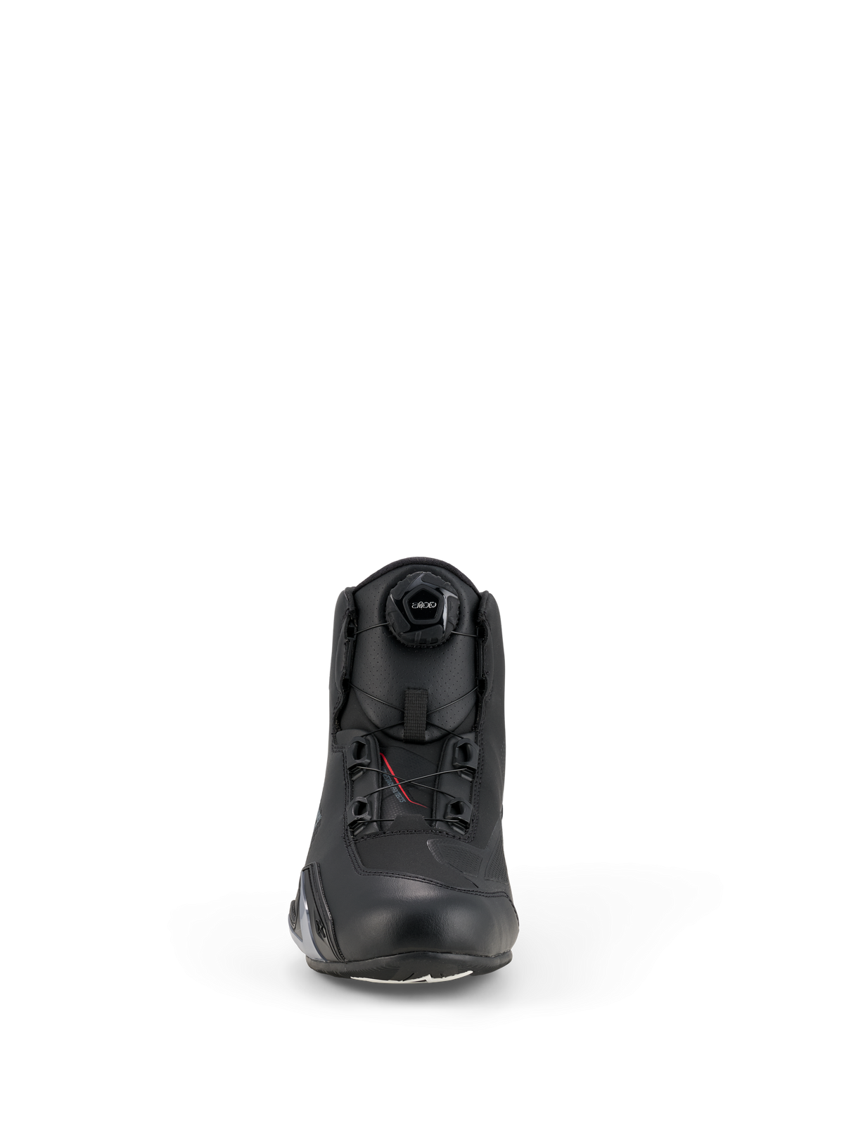 Alpinestars Celer Shoes, calzado para motociclismo, negro, vista frontal con el dial del sistema de cierre Rotor integrado, construcción de microfibra técnica con perfil aerodinámico y zona de la puntera reforzada.