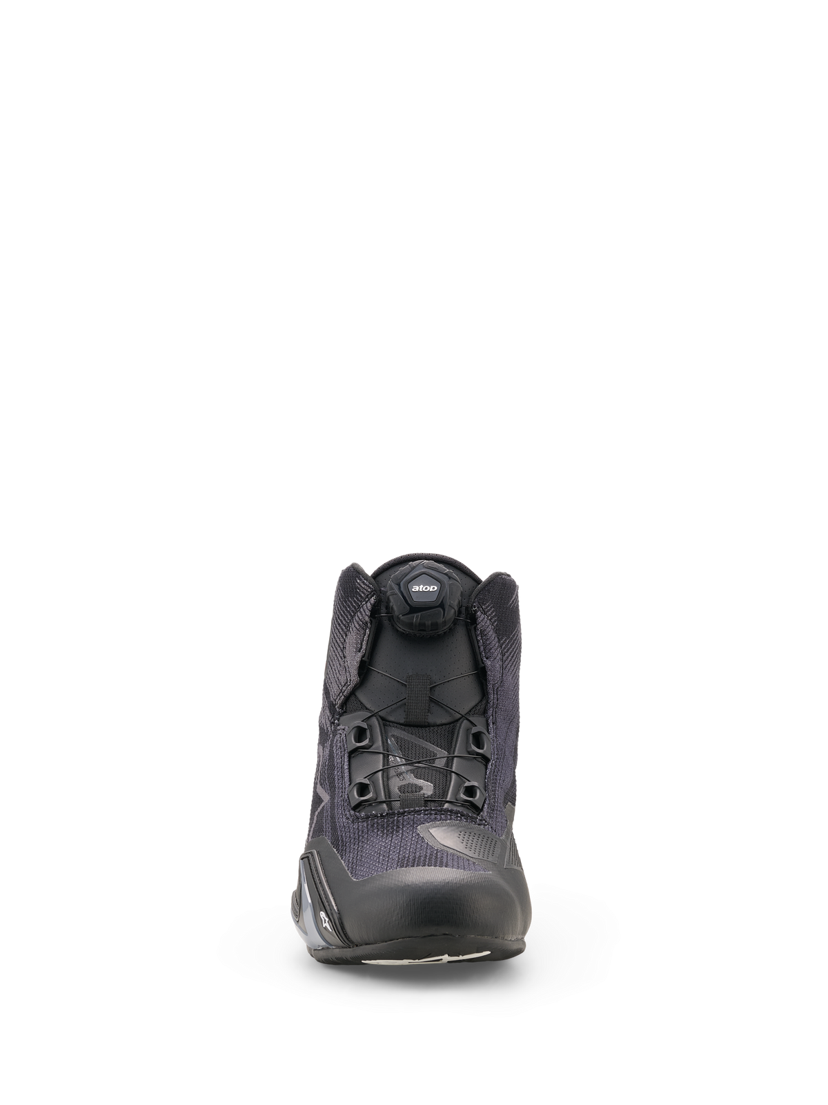 Alpinestars Celer Superair Shoes, zapatos de moto, negro y gris oscuro, vista frontal con construcción textil de alto flujo de aire y dial del sistema de cierre Rotor integrado, diseño atlético y estilizado para pilotos deportivos