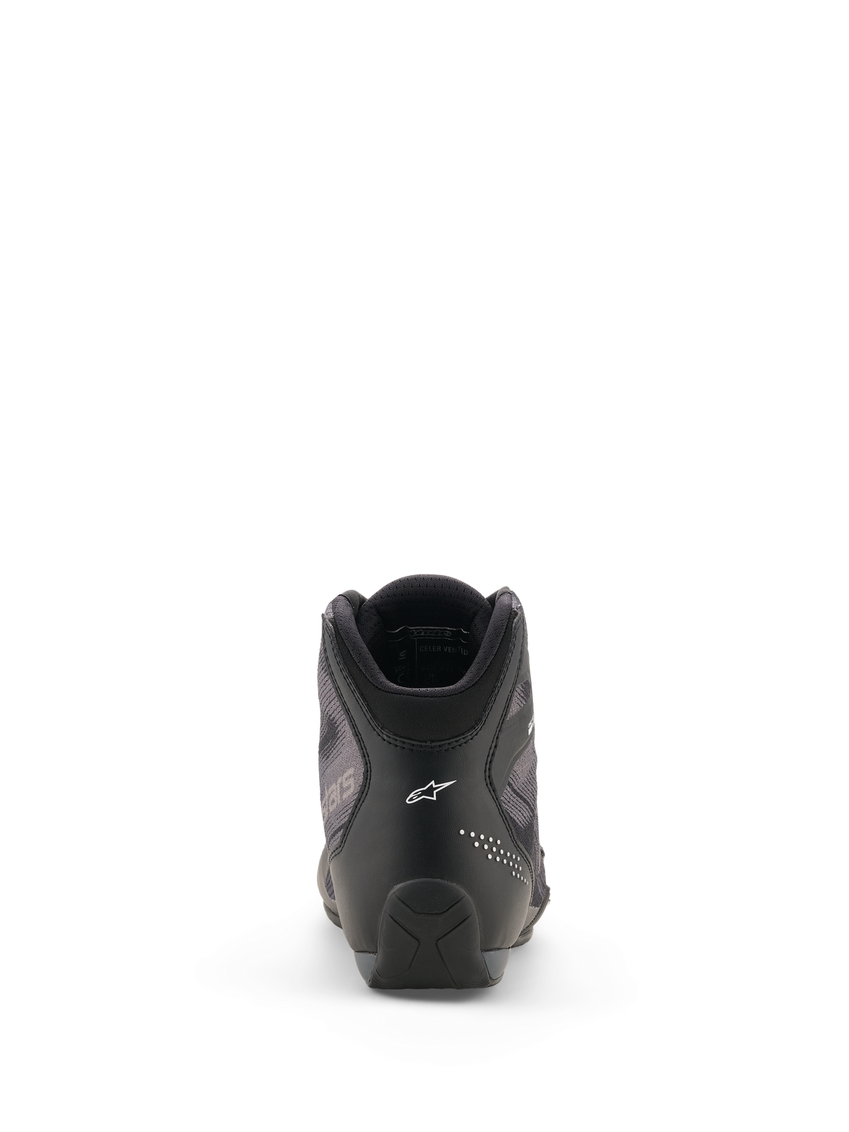 Zapatos Alpinestars Celer Superair, zapatos de moto, negro y gris oscuro, vista trasera con el logotipo de Alpinestars en blanco en el talón, construcción de microfibra técnica y tejido de alto flujo de aire, diseño deportivo elegante
